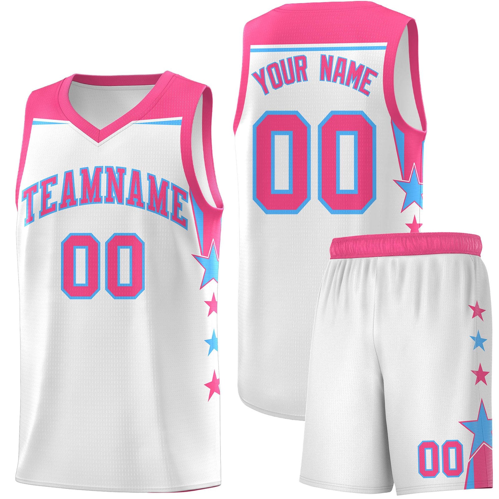 Custom Youth Basketball Uniform White Pink Two Tone Side Star Add Name Number & Logo