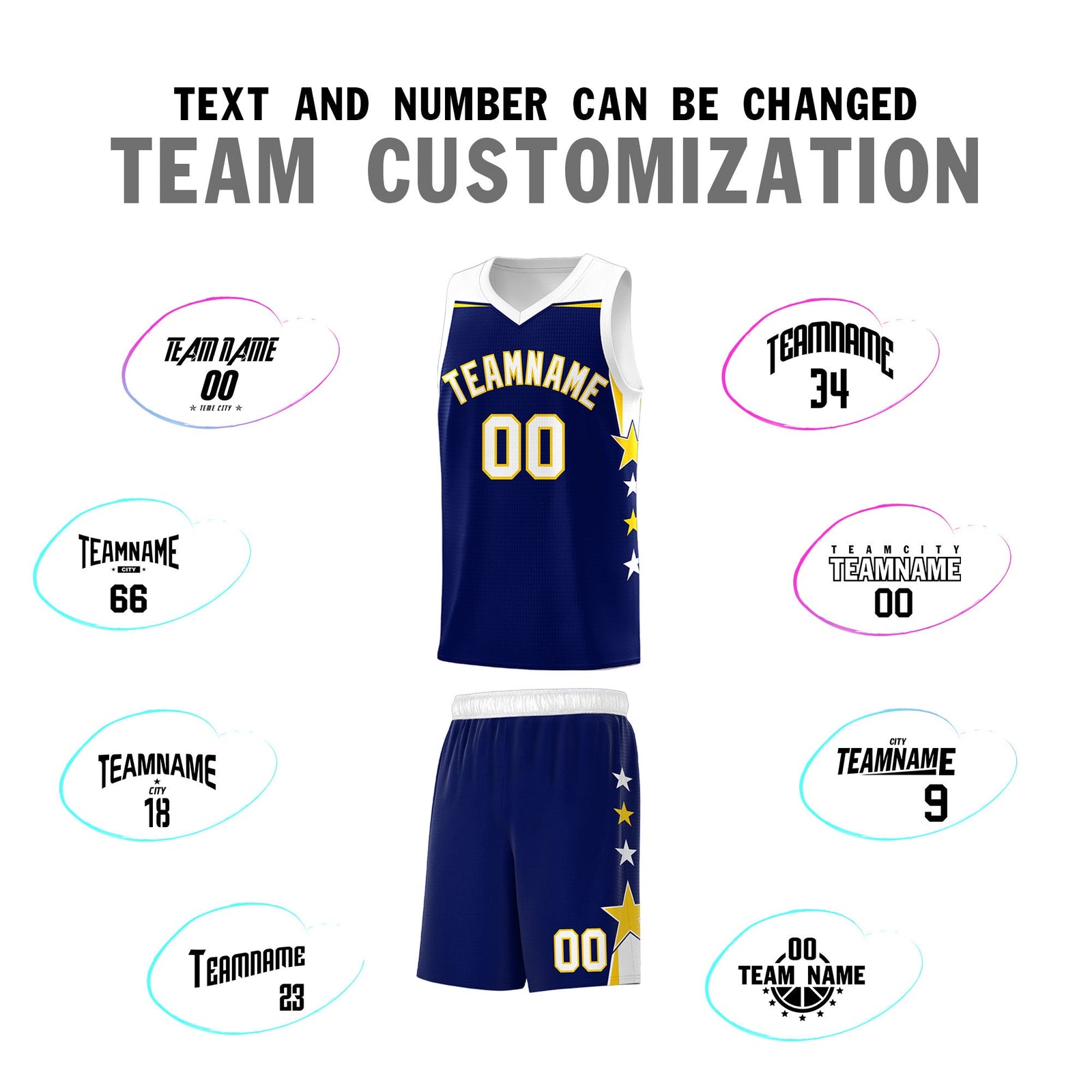 Custom Youth Basketball Uniform Navy White Two Tone Side Star Add Name Number & Logo