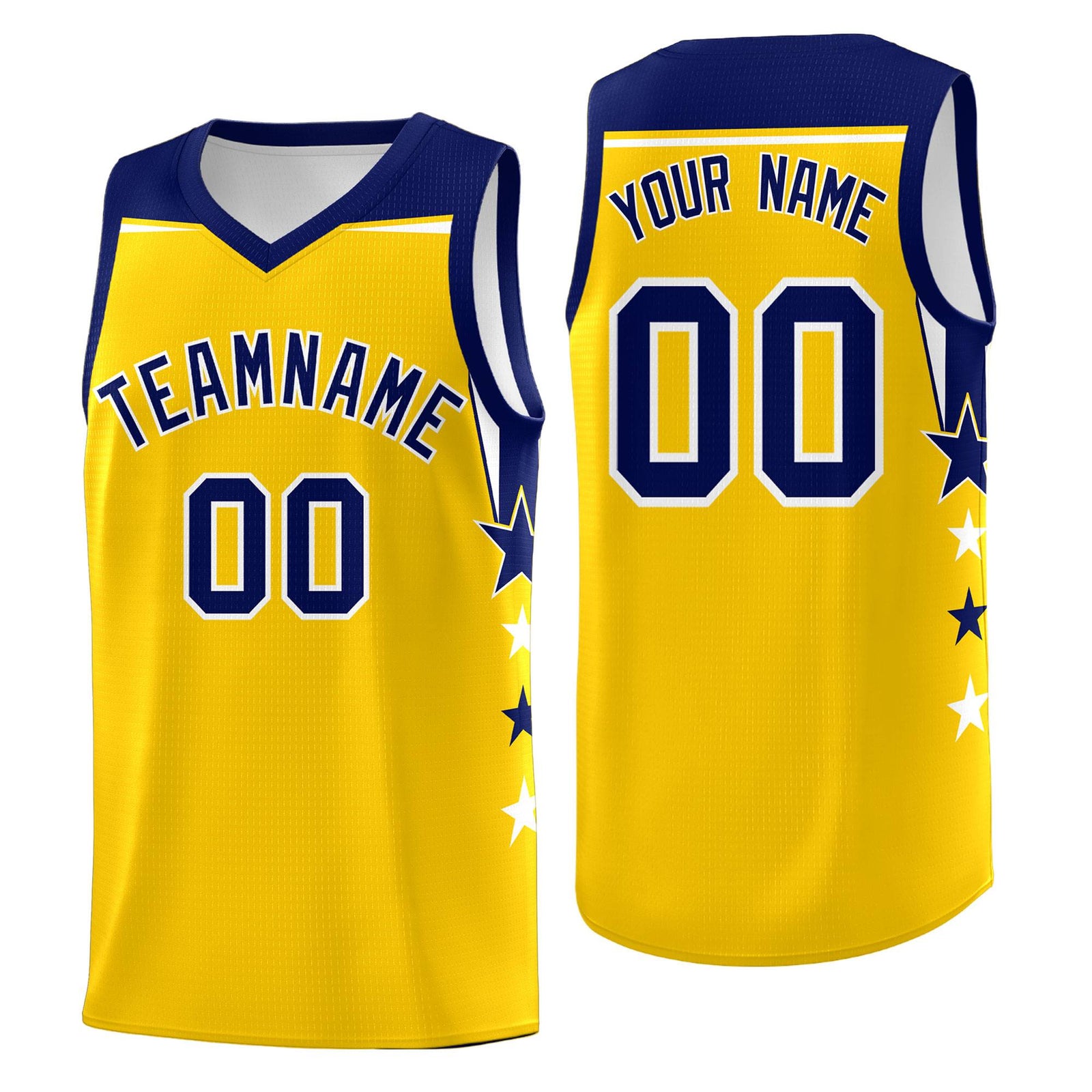 Custom Youth Basketball Uniform Gold Navy Two Tone Side Star Personalized Team Jersey