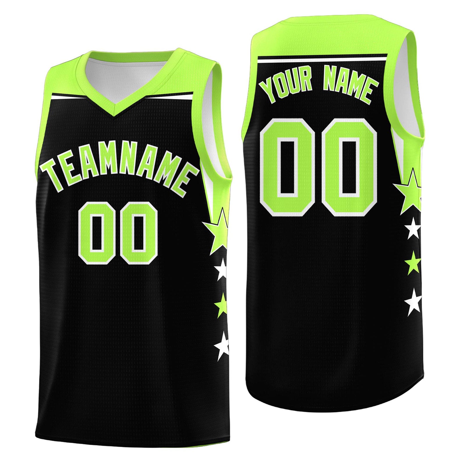 Custom Youth Basketball Uniform Black Fluorescent Green Two Tone Side Star Personalized Team Jersey