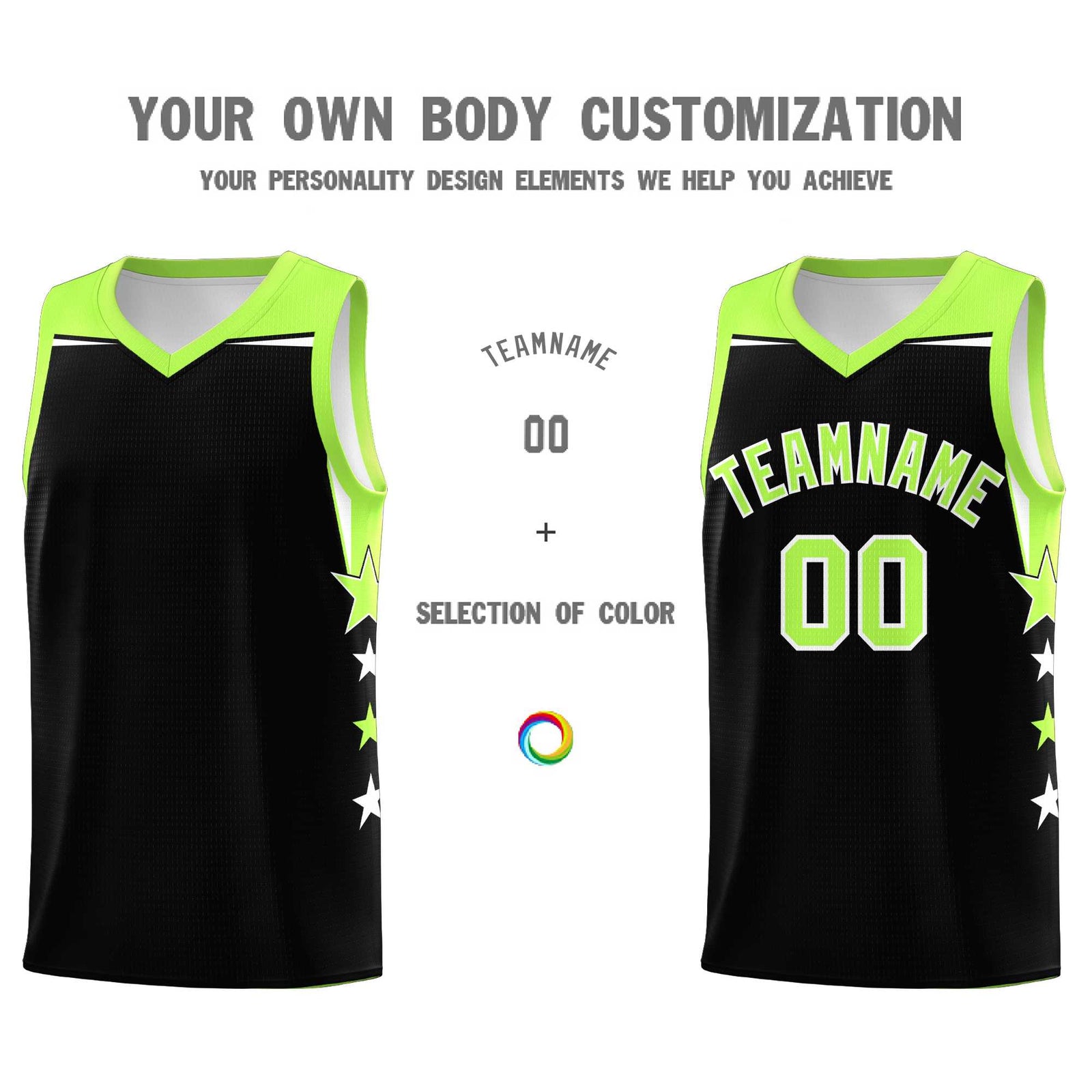 Custom Youth Basketball Uniform Black Fluorescent Green Two Tone Side Star Personalized Team Jersey