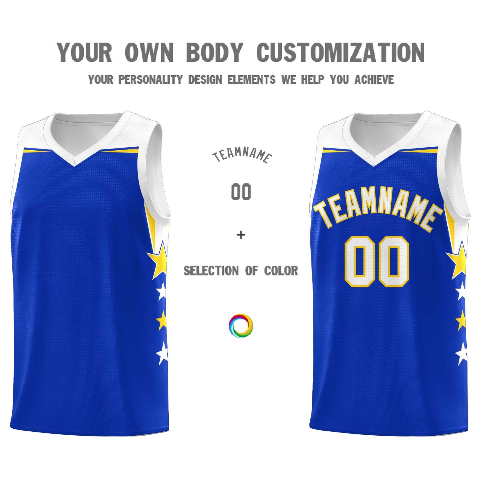 Custom Youth Basketball Uniform Royal White Two Tone Side Star Add Name Number & Logo