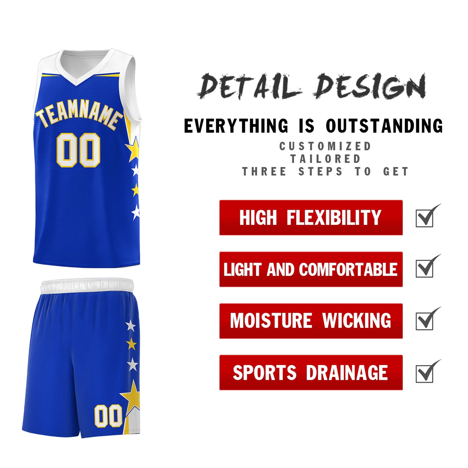 Custom Youth Basketball Uniform Royal White Two Tone Side Star Add Name Number & Logo