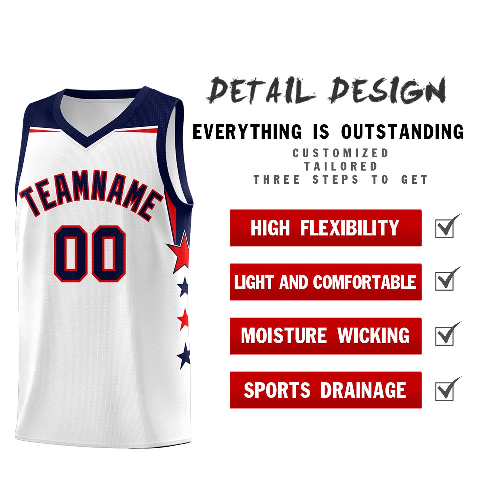 Custom Youth Basketball Uniform White Navy Two Tone Side Star Color Block Team Jersey