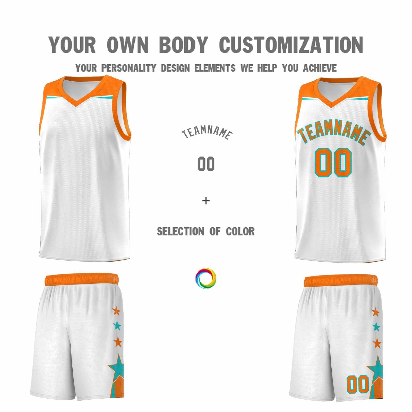Custom Youth Basketball Uniform White Orange Two Tone Side Star Color Block Team Jersey
