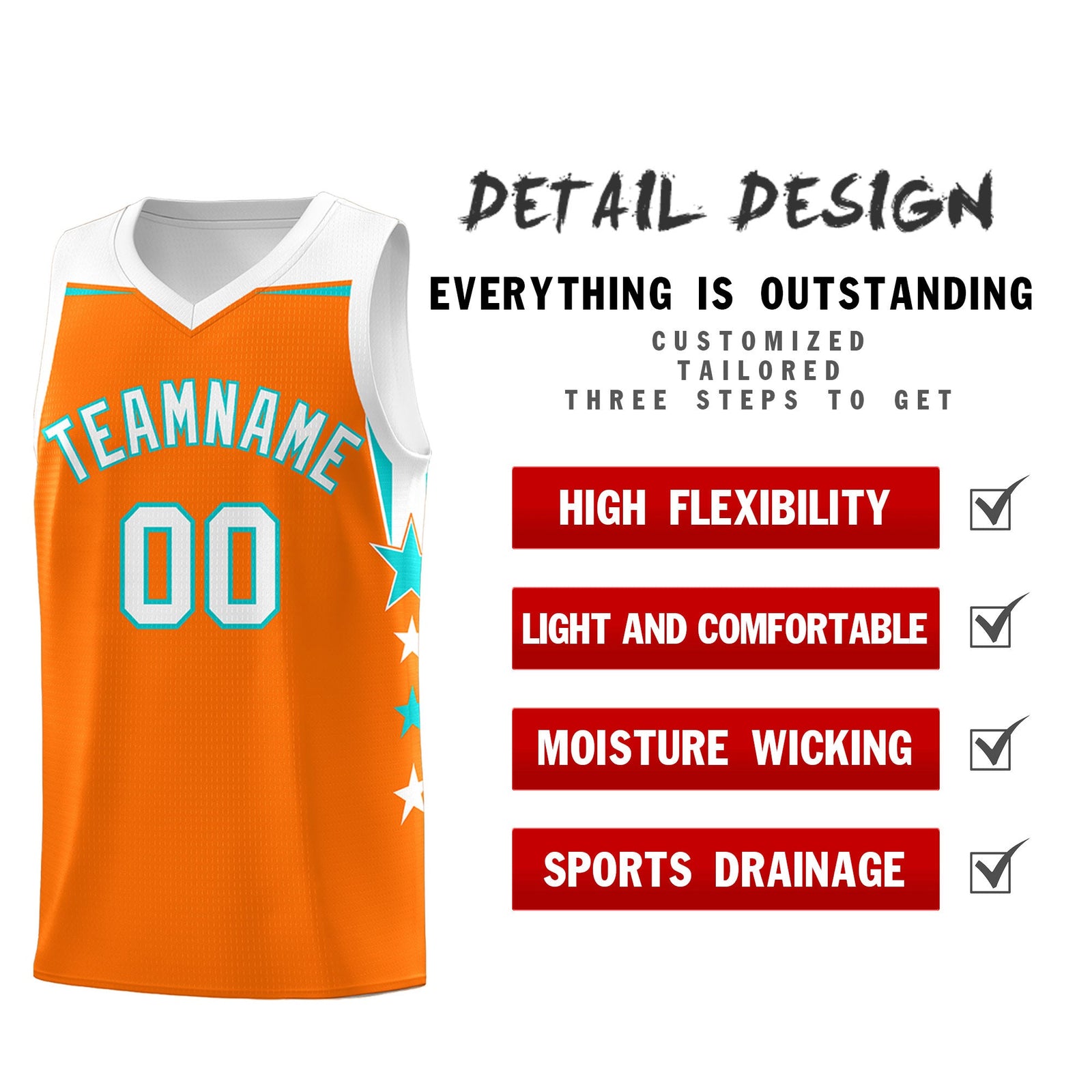 Custom Youth Basketball Uniform Orange White Two Tone Side Star Add Name Number & Logo