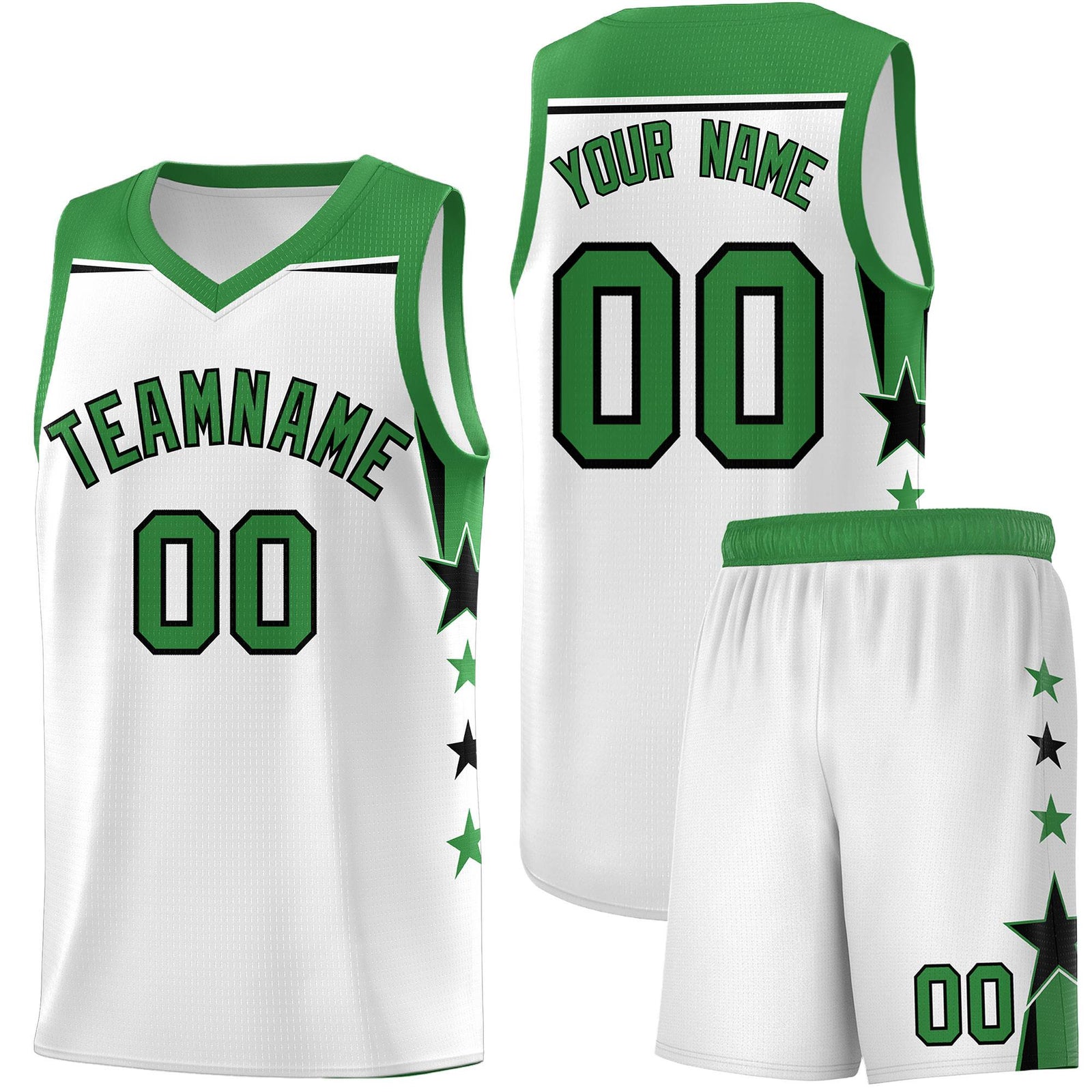 Custom Youth Basketball Uniform White Kelly Green Two Tone Side Star Color Block Team Jersey