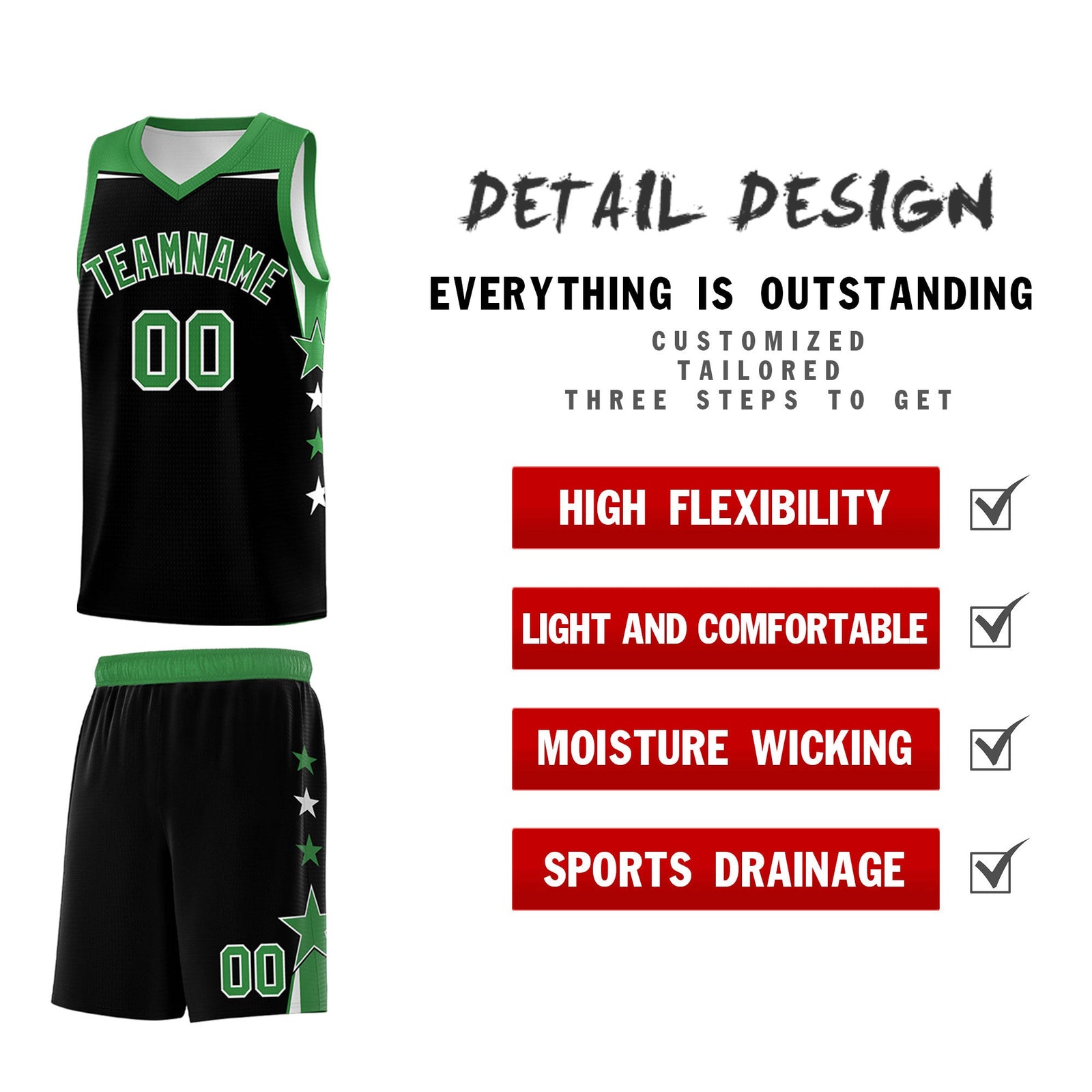 Custom Youth Basketball Uniform Black Kelly Green Two Tone Side Star Personalized Team Jersey