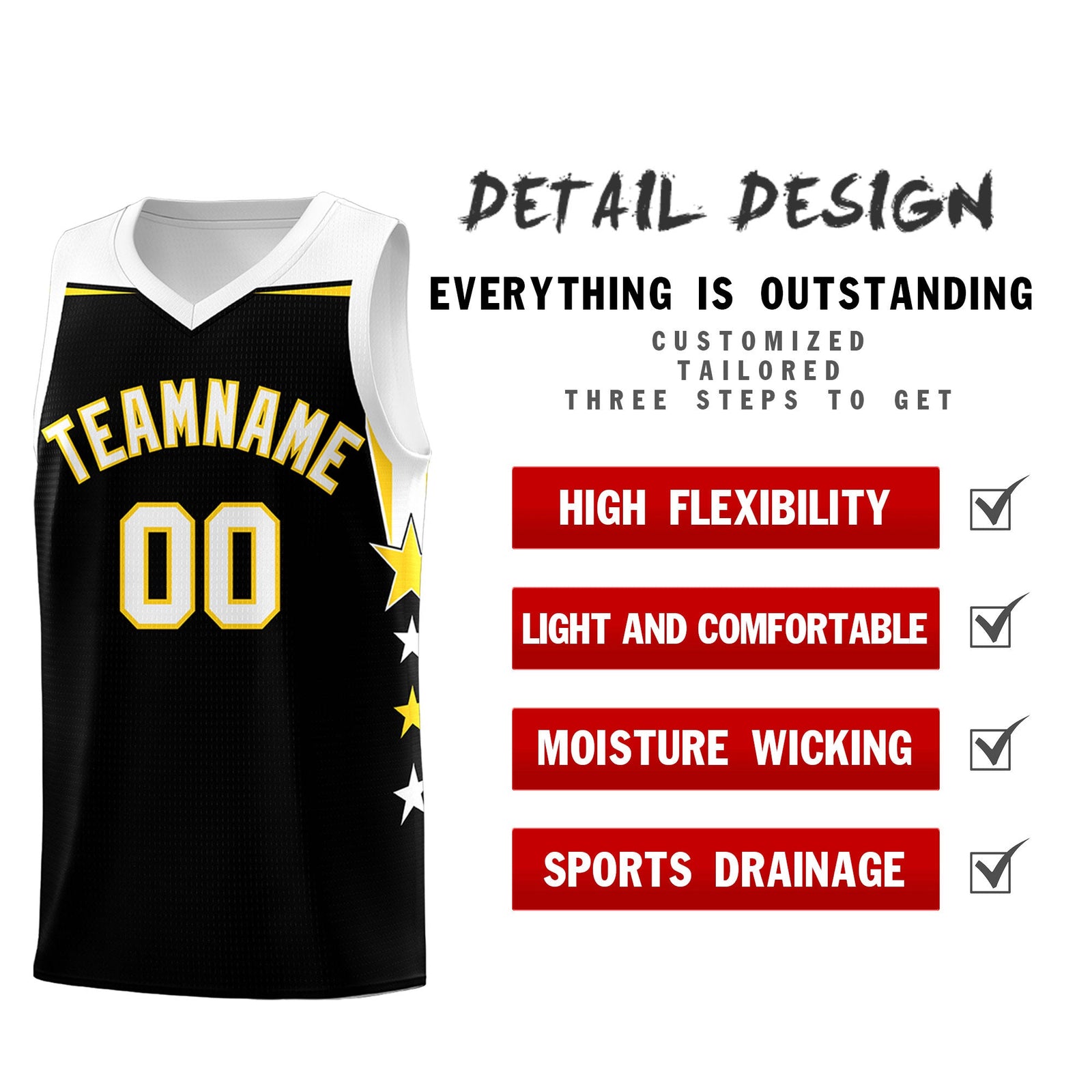 Custom Youth Basketball Uniform Black White Two Tone Side Star Add Name Number & Logo