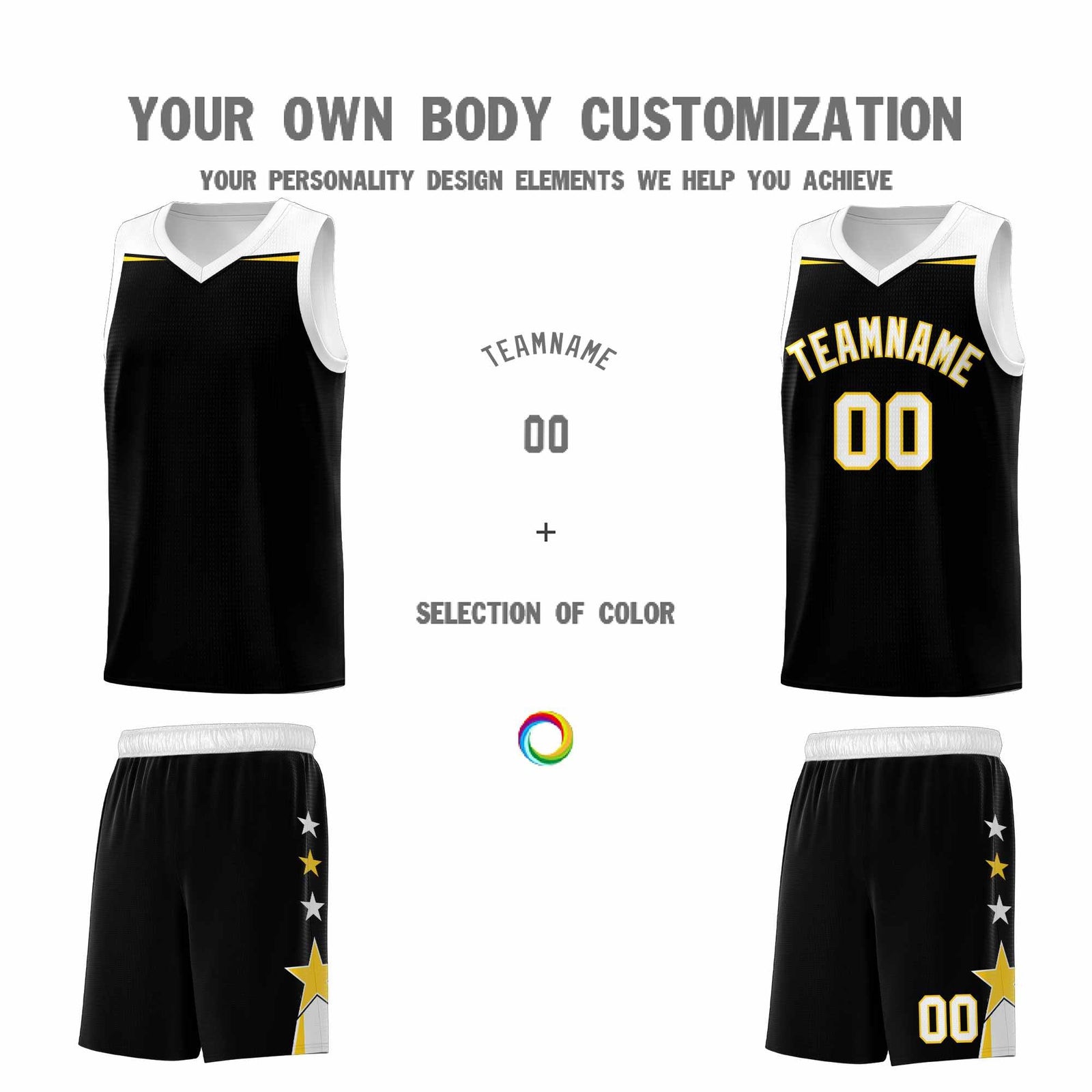 Custom Youth Basketball Uniform Black White Two Tone Side Star Add Name Number & Logo