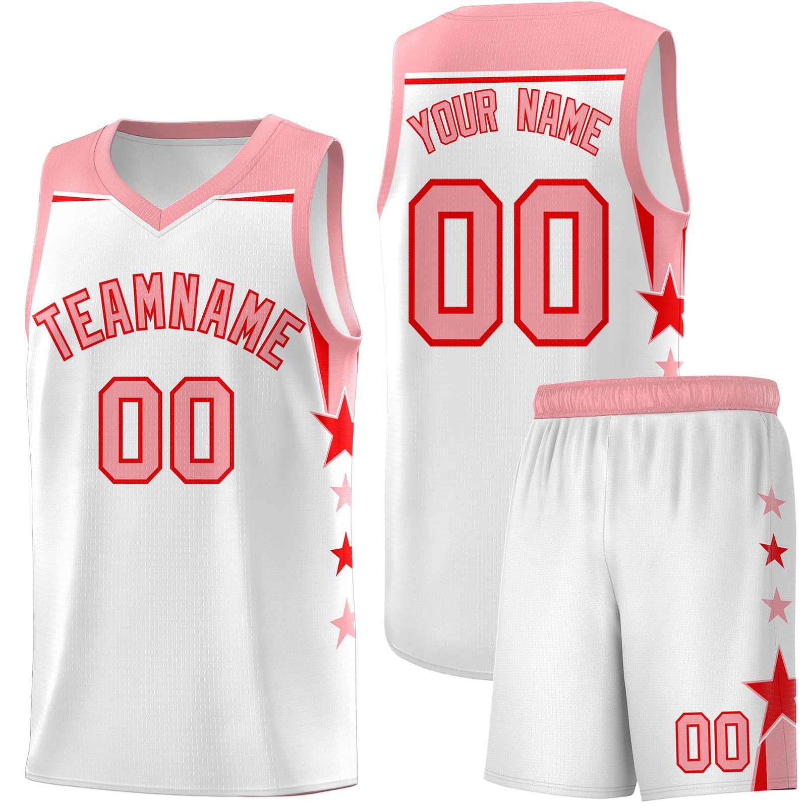 Custom Youth Basketball Uniform White Light Pink Two Tone Side Star Color Block Team Jersey