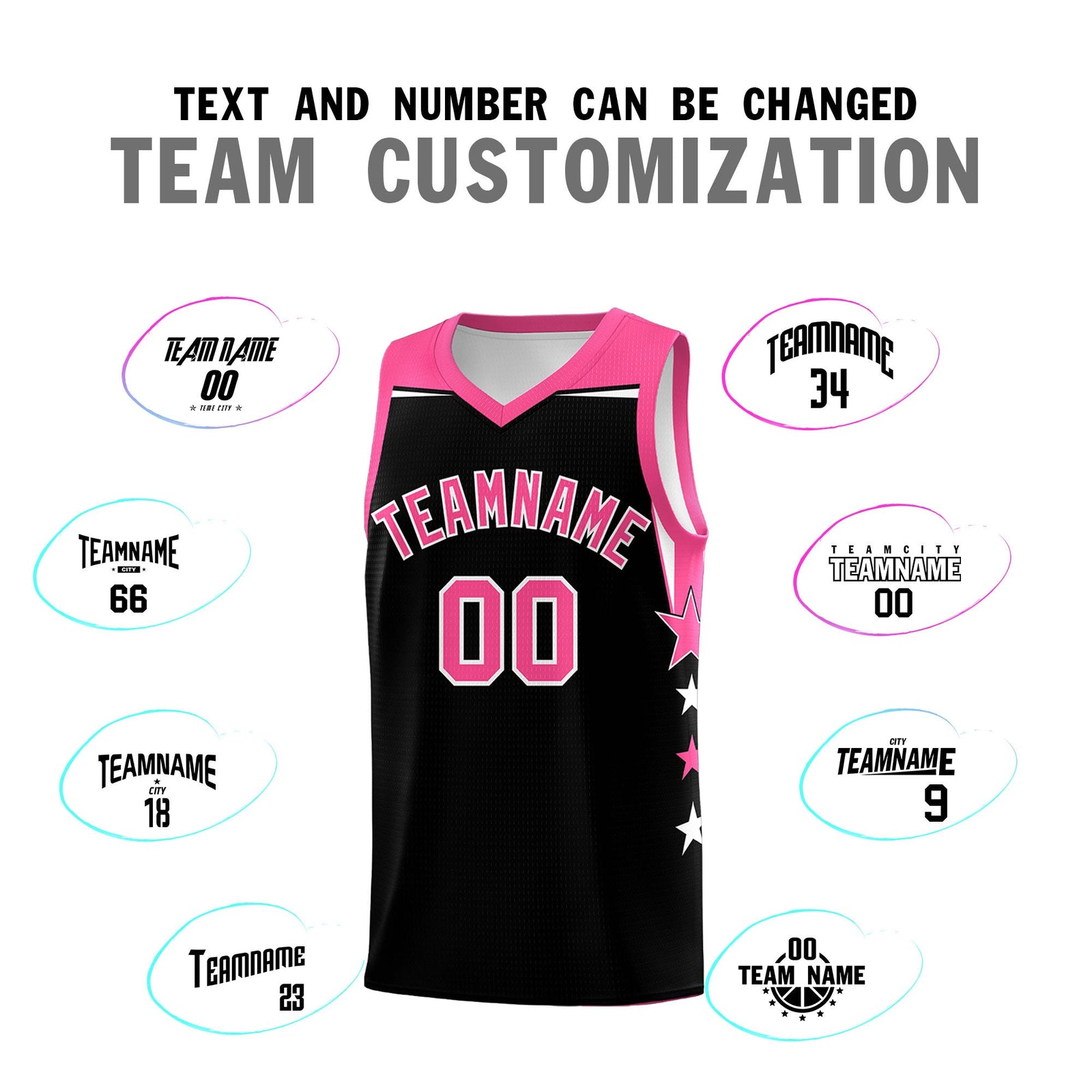 Custom Youth Basketball Uniform Black Pink Two Tone Side Star Personalized Team Jersey