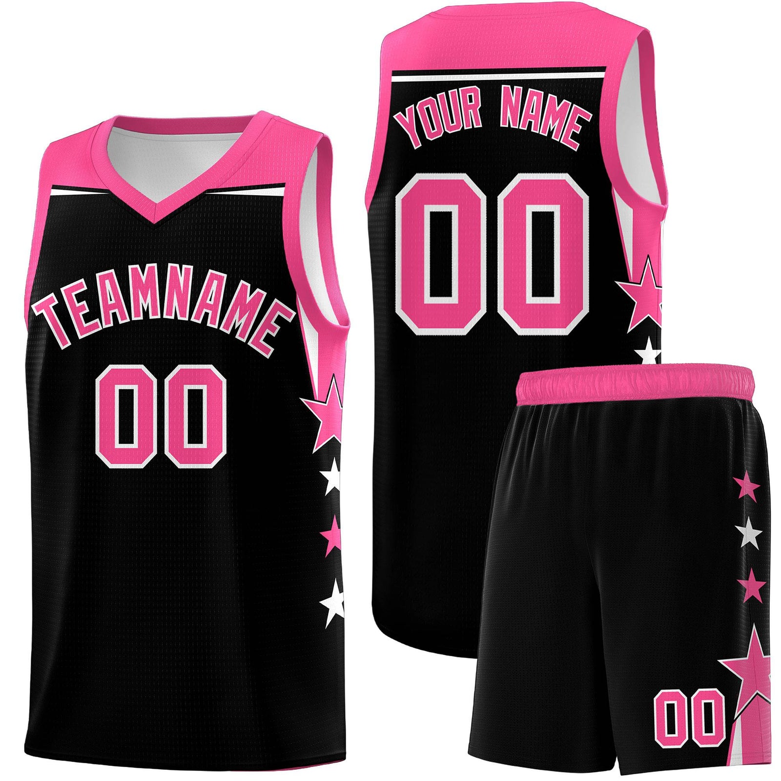 Custom Youth Basketball Uniform Black Pink Two Tone Side Star Personalized Team Jersey
