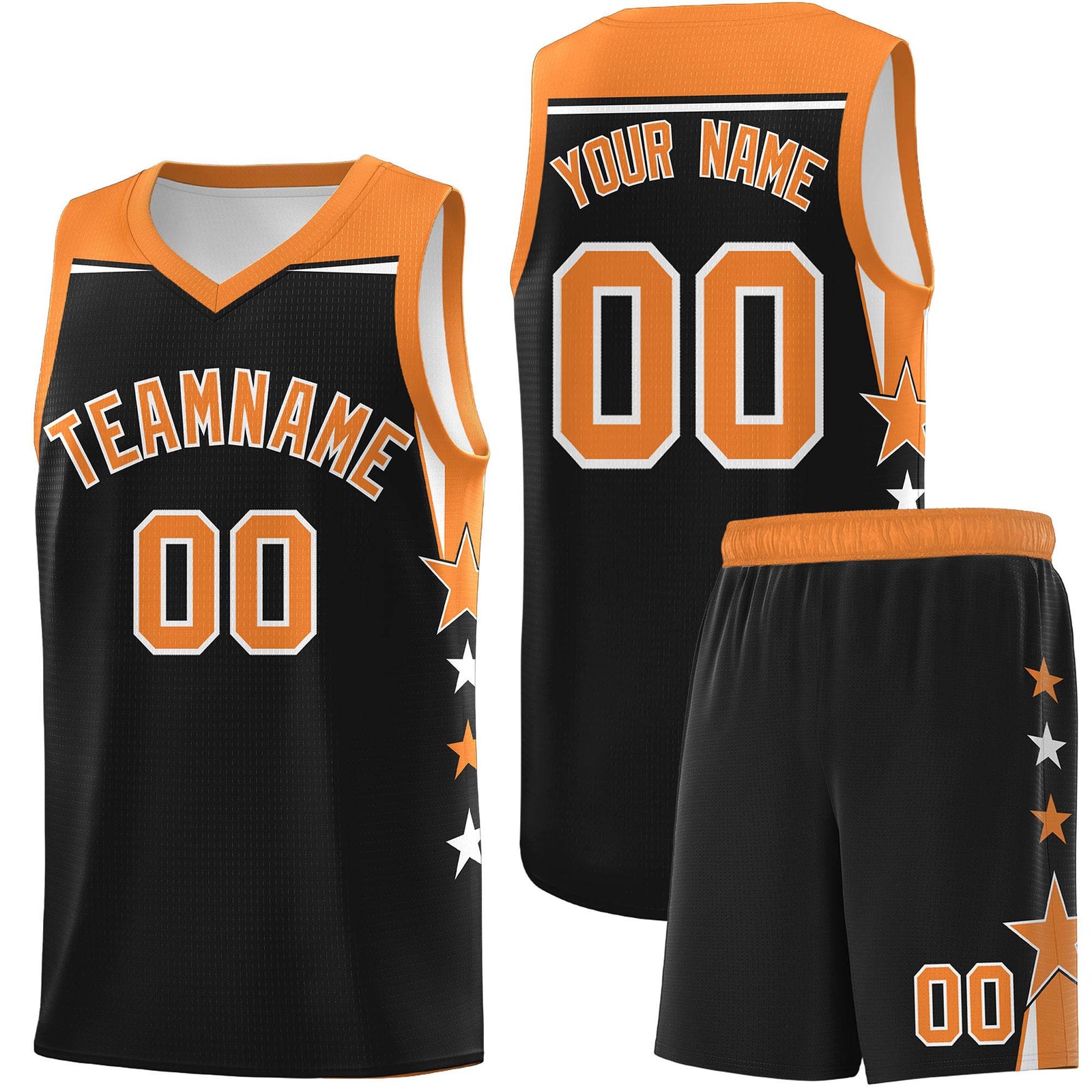 Custom Youth Basketball Uniform Black Gold Orange Two Tone Side Star Personalized Team Jersey
