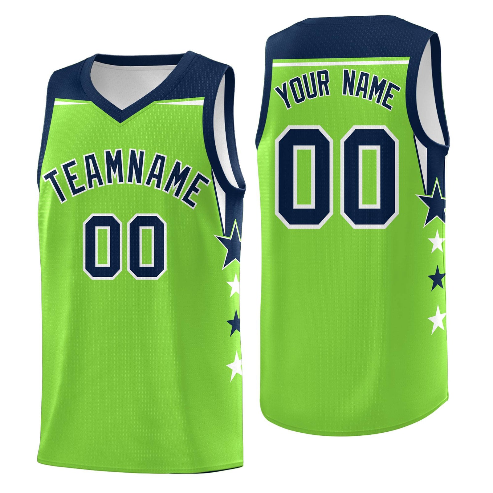 Custom Youth Basketball Uniform Fluorescent Green Navy Two Tone Side Star Personalized Team Jersey