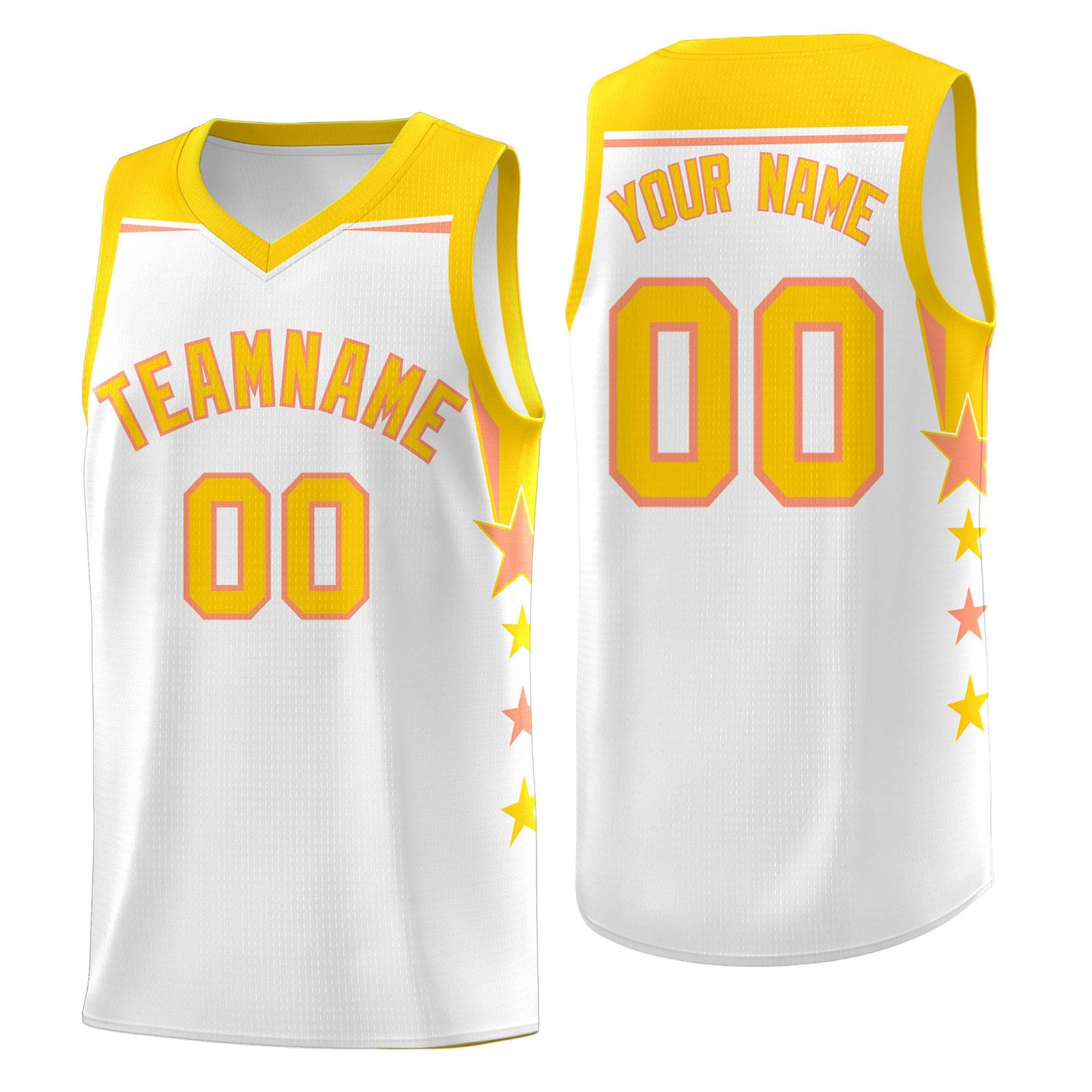 Custom Youth Basketball Uniform White Gold Two Tone Side Star Add Name Number & Logo
