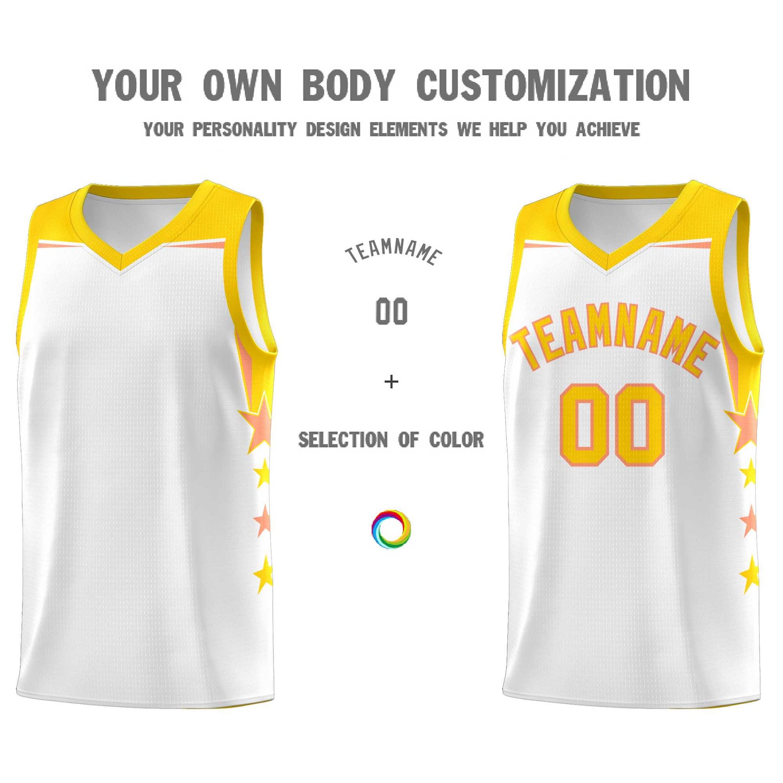 Custom Youth Basketball Uniform White Gold Two Tone Side Star Add Name Number & Logo