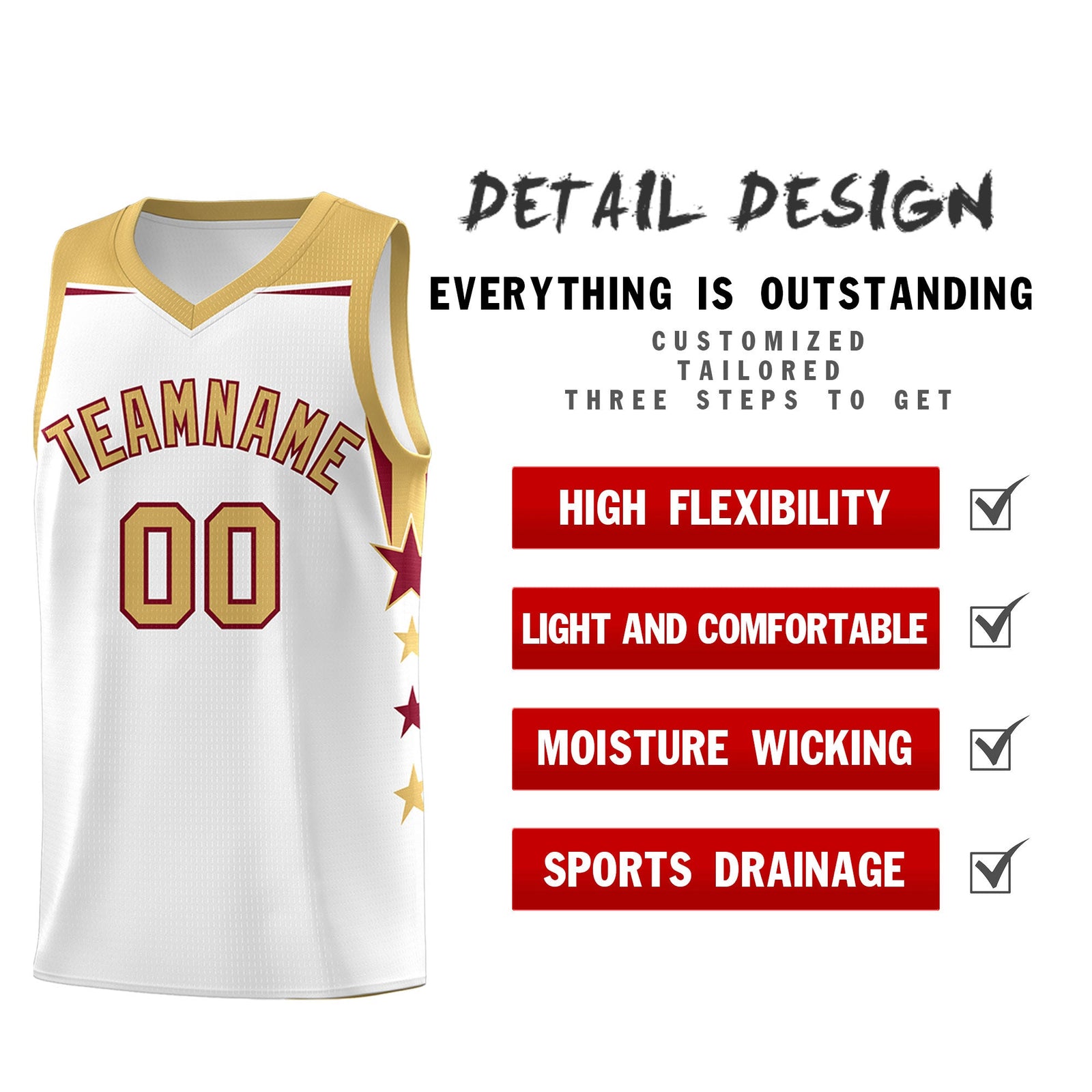 Custom Youth Basketball Uniform White Old Gold Two Tone Side Star Add Name Number & Logo