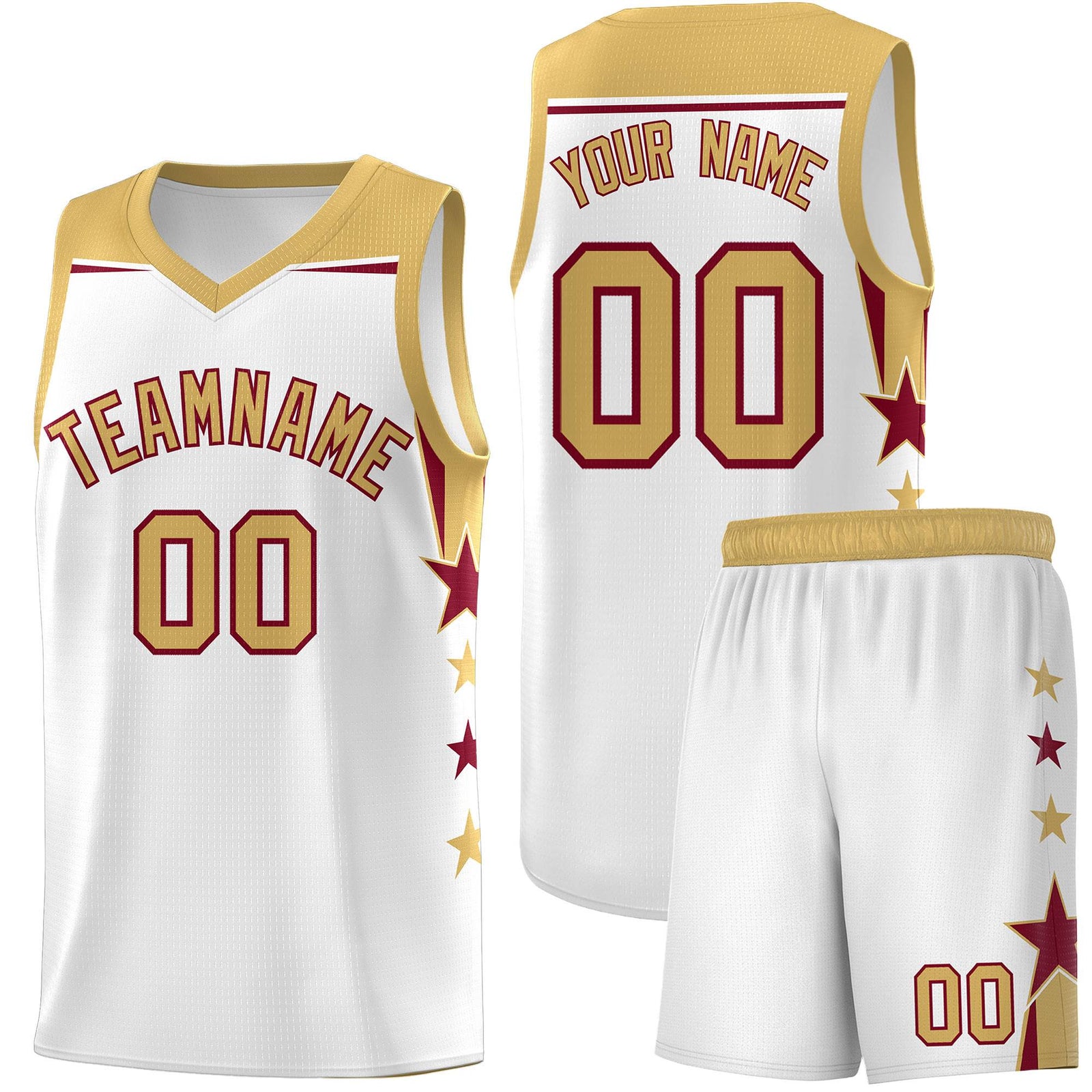 Custom Youth Basketball Uniform White Old Gold Two Tone Side Star Add Name Number & Logo