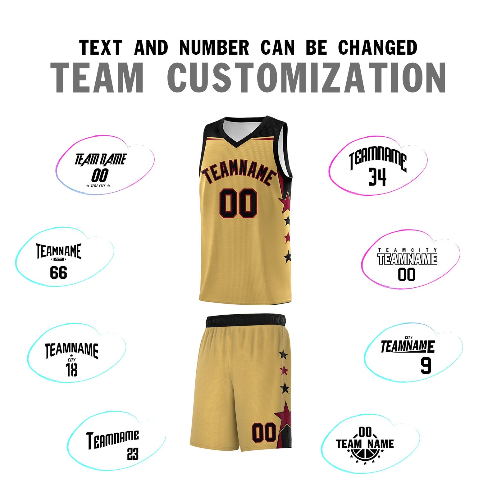 Custom Youth Basketball Uniform Old Gold Black Two Tone Side Star Personalized Team Jersey