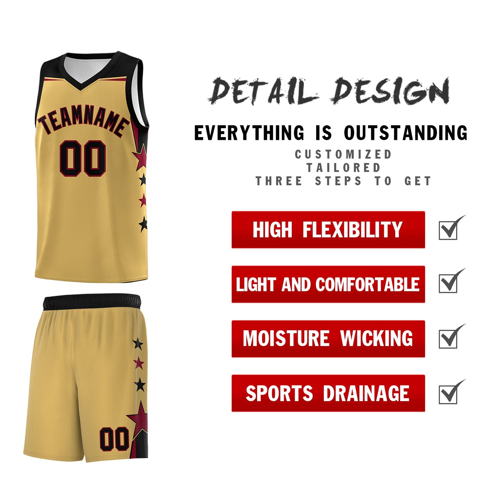 Custom Youth Basketball Uniform Old Gold Black Two Tone Side Star Personalized Team Jersey