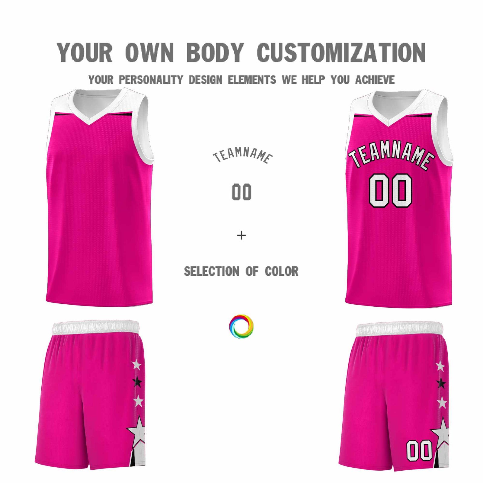 Custom Youth Basketball Uniform Pink White Two Tone Side Star Color Block Team Jersey