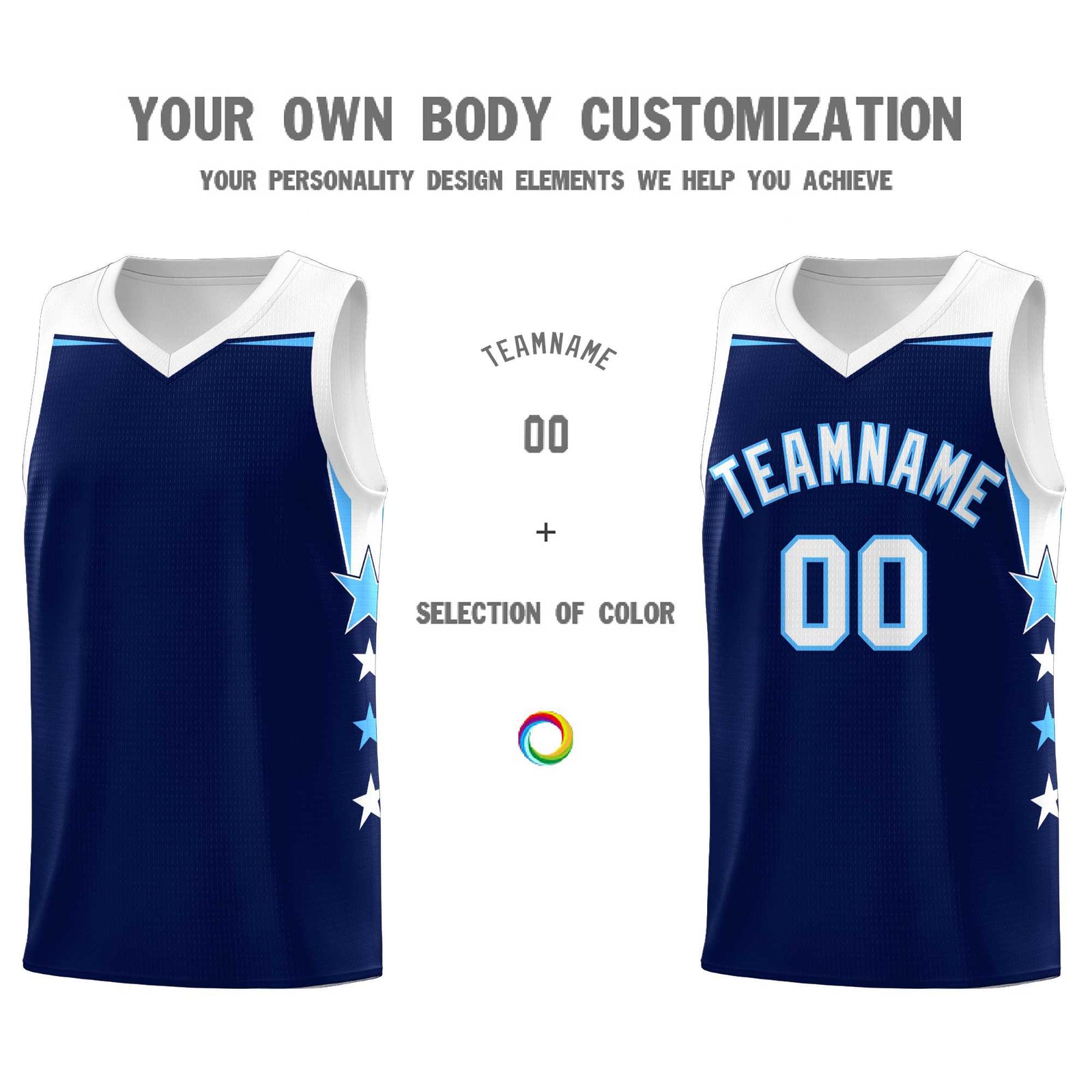 Custom Youth Basketball Uniform Navy White Two Tone Side Star Personalized Team Jersey