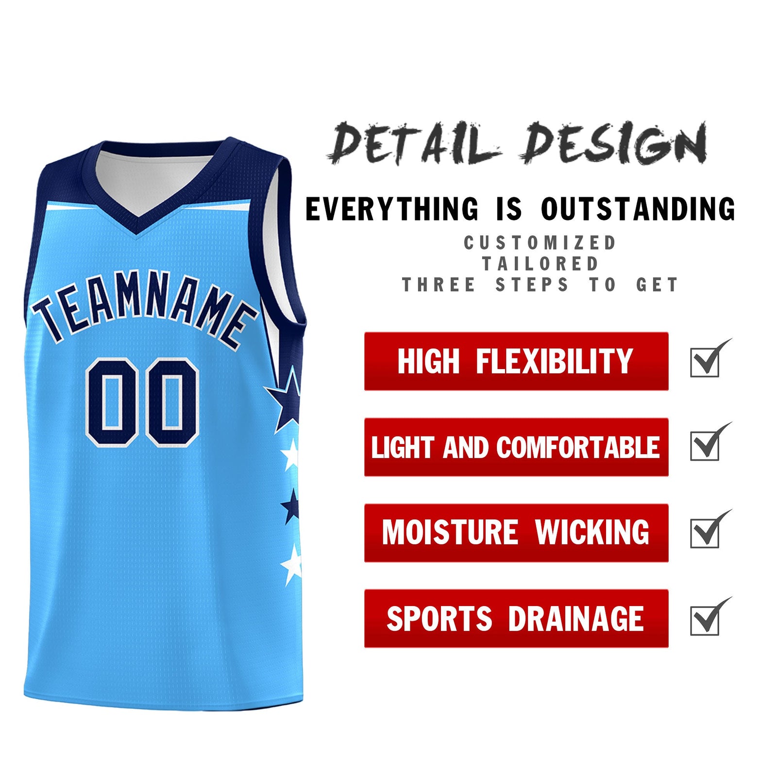 Custom Youth Basketball Uniform Powder Blue Navy Two Tone Side Star Color Block Team Jersey