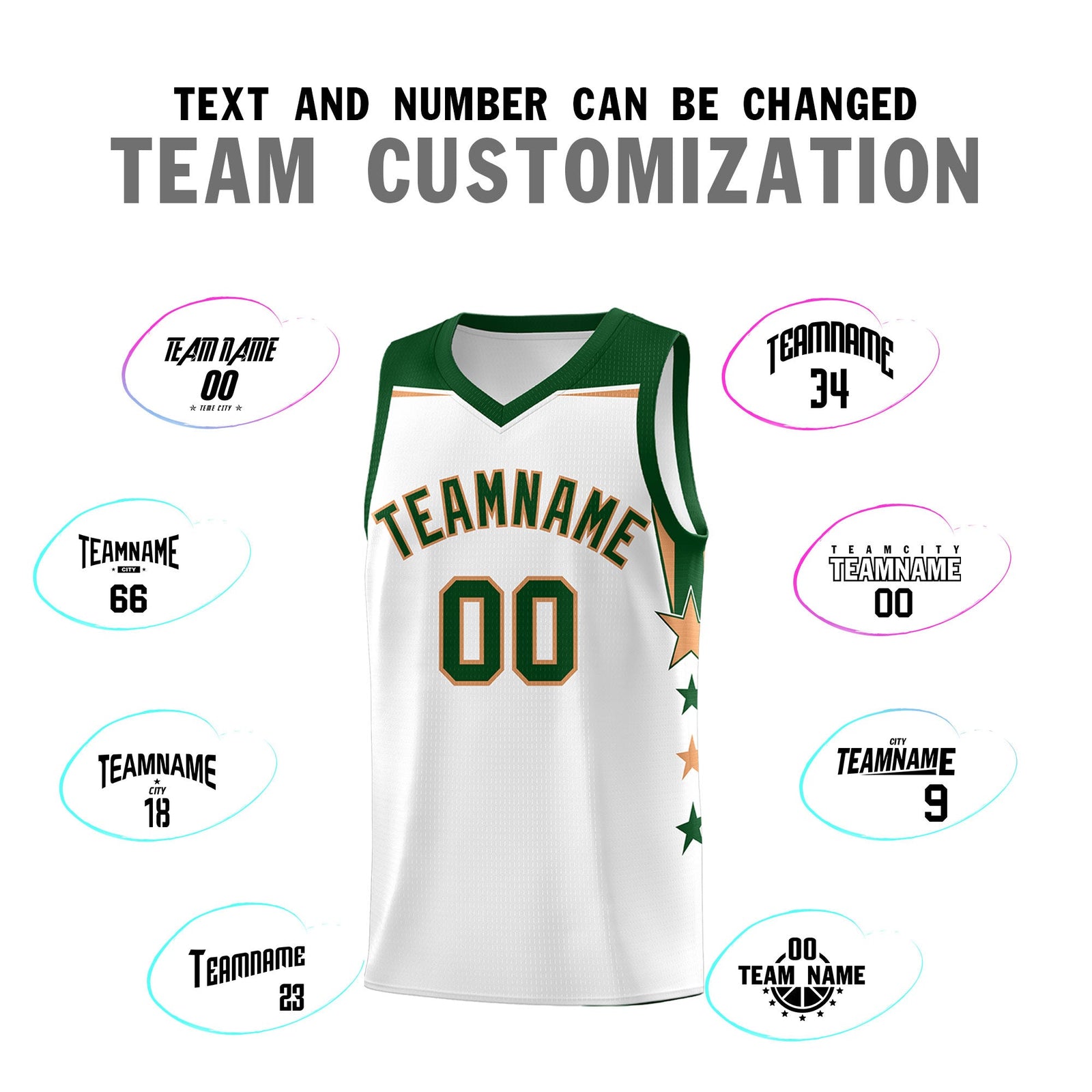 Custom Youth Basketball Uniform White Green Two Tone Side Star Add Name Number & Logo