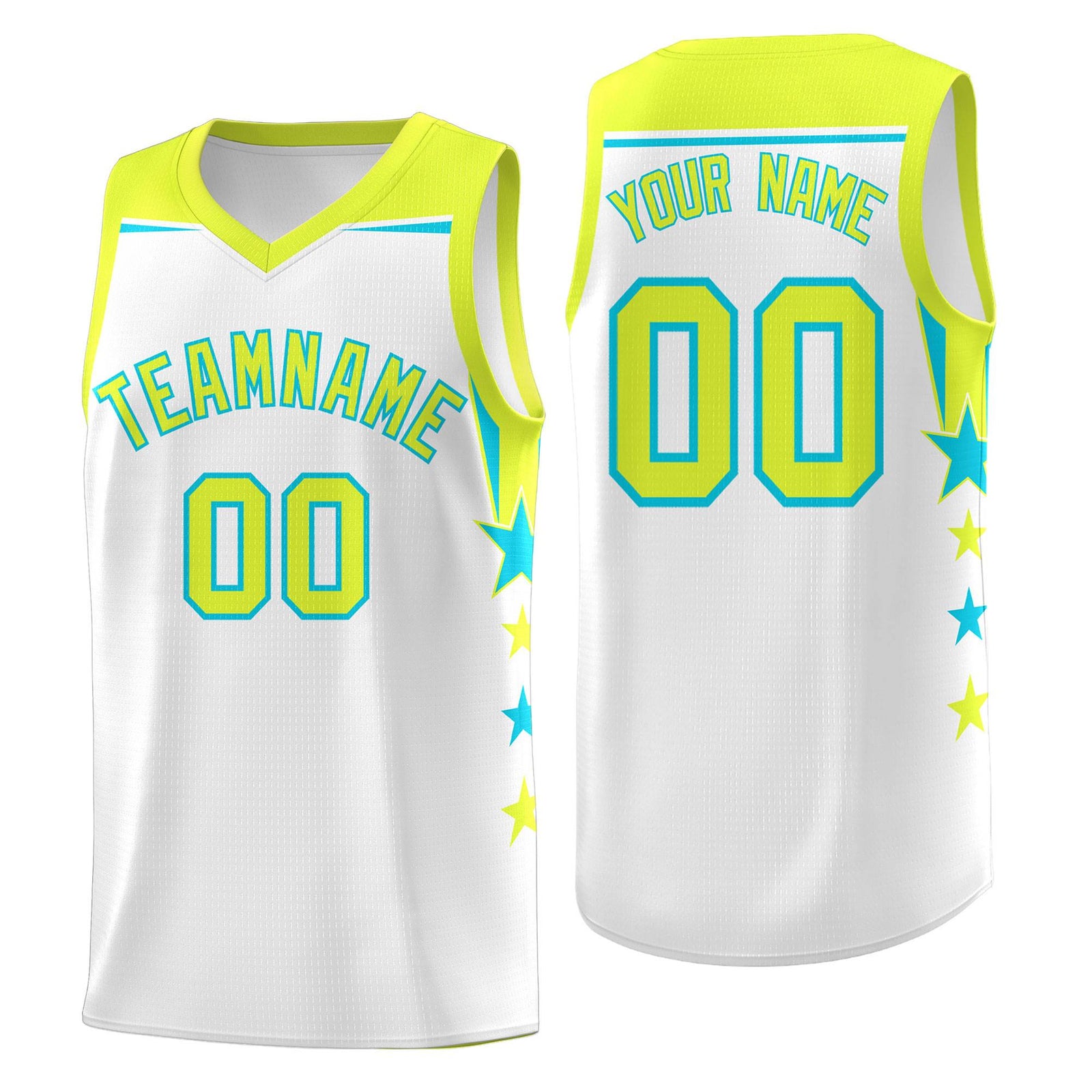 Custom Youth Basketball Uniform White Fluorescent Green Two Tone Side Star Add Name Number & Logo