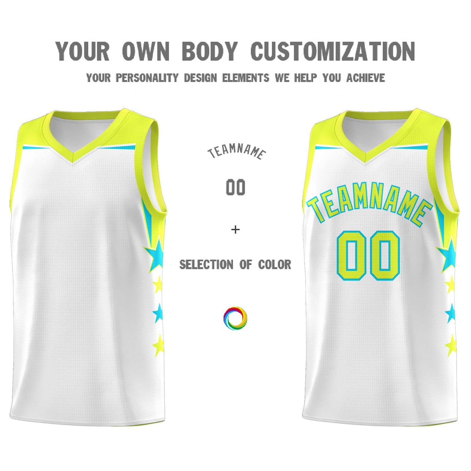 Custom Youth Basketball Uniform White Fluorescent Green Two Tone Side Star Add Name Number & Logo