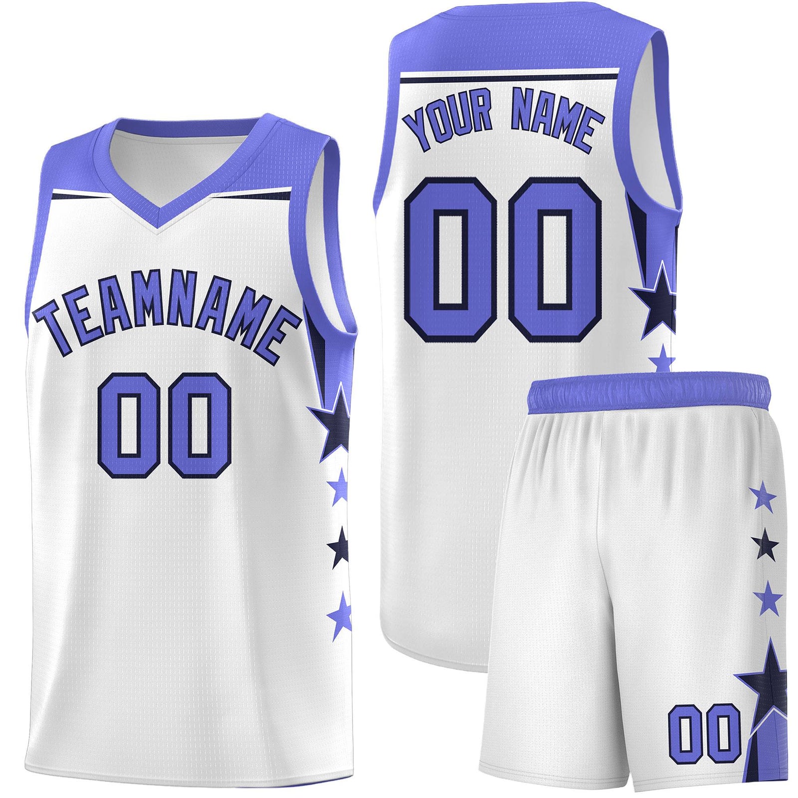Custom Youth Basketball Uniform White Purple Two Tone Side Star Add Name Number & Logo