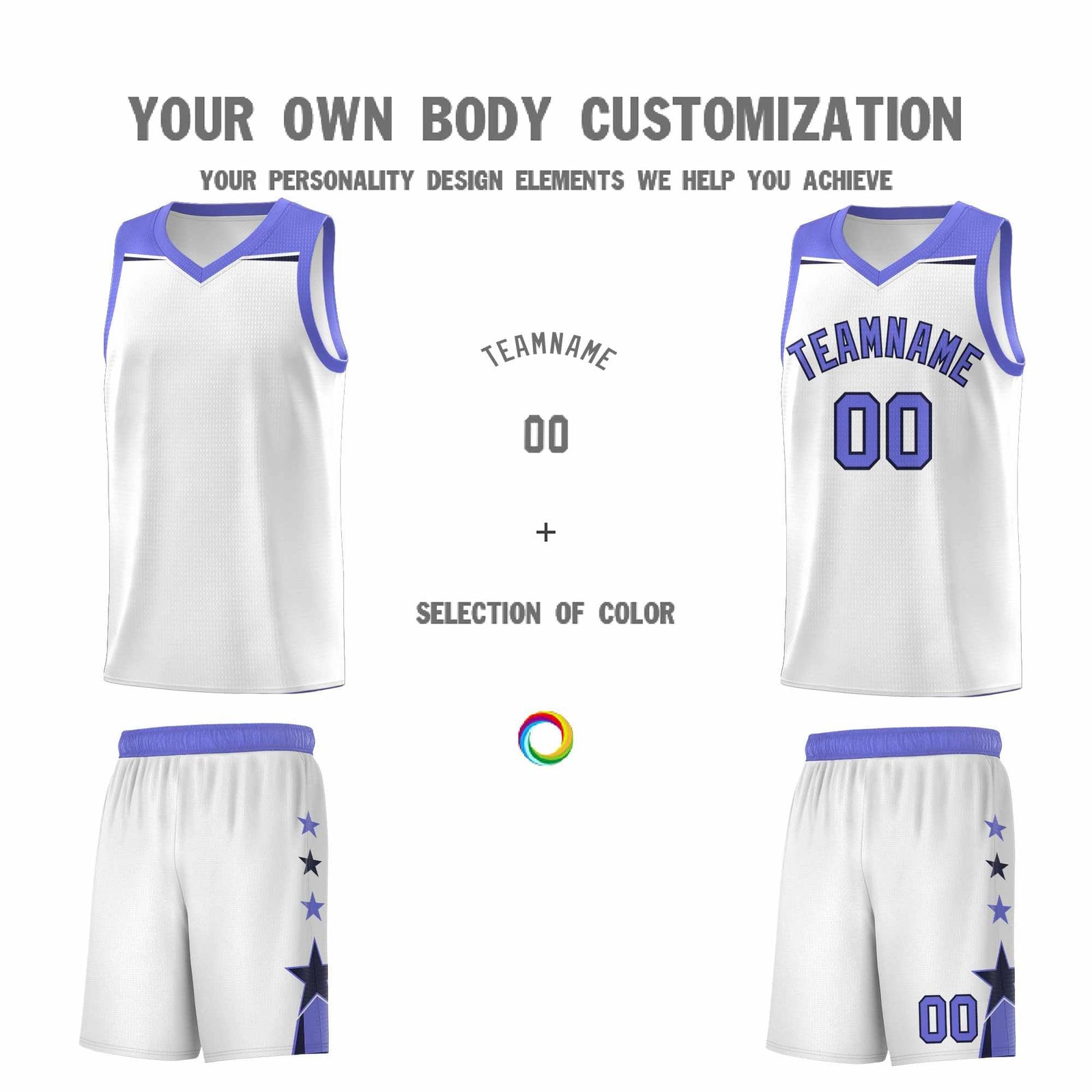 Custom Youth Basketball Uniform White Purple Two Tone Side Star Add Name Number & Logo