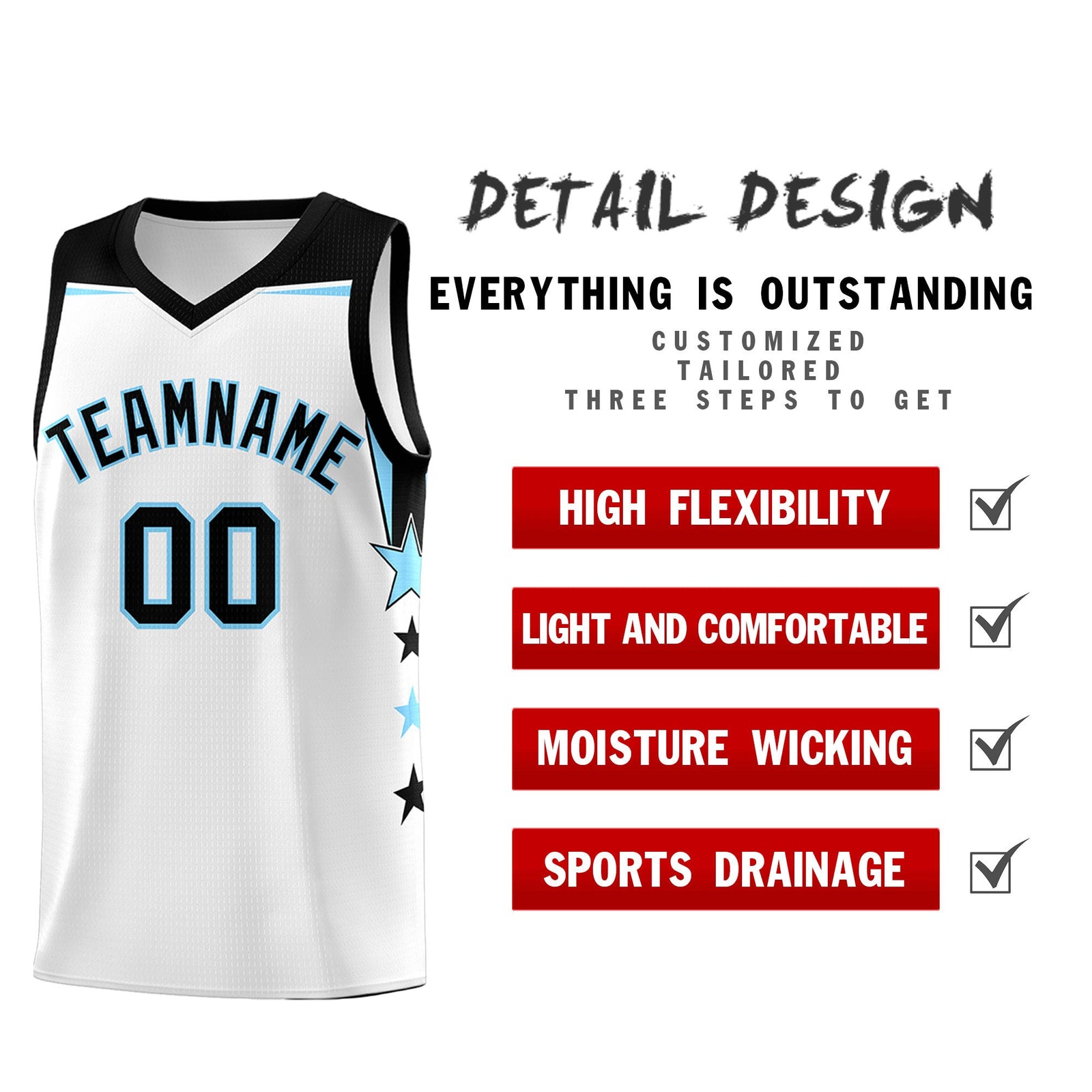 Custom Youth Basketball Uniform White Light Blue Two Tone Side Star Add Name Number & Logo