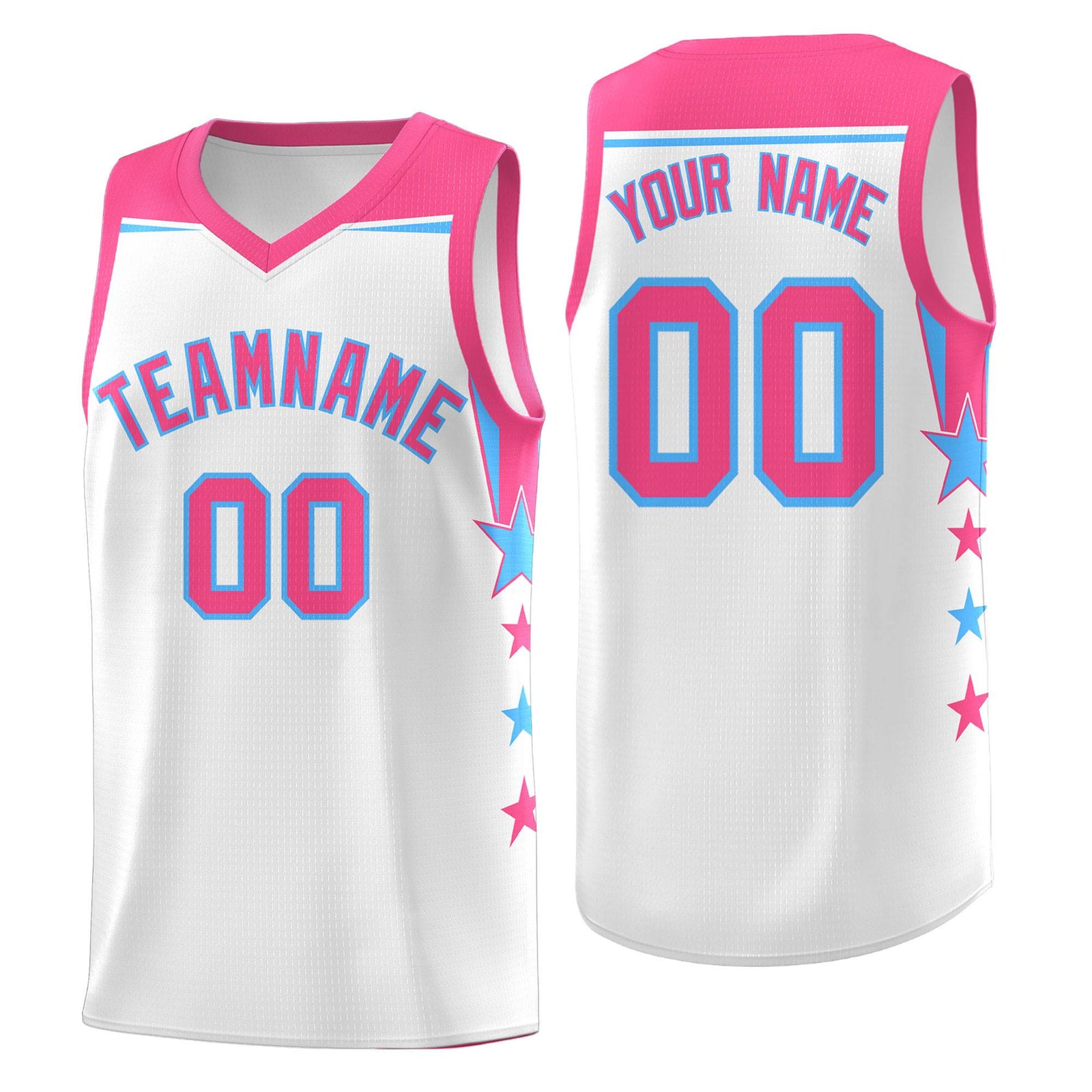 Custom Youth Basketball Uniform White Pink Two Tone Side Star Add Name Number & Logo