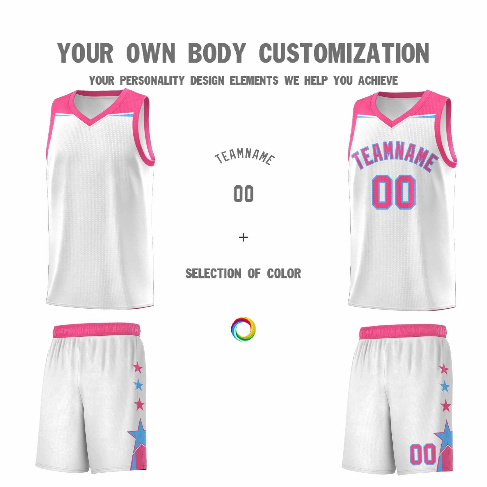 Custom Youth Basketball Uniform White Pink Two Tone Side Star Add Name Number & Logo
