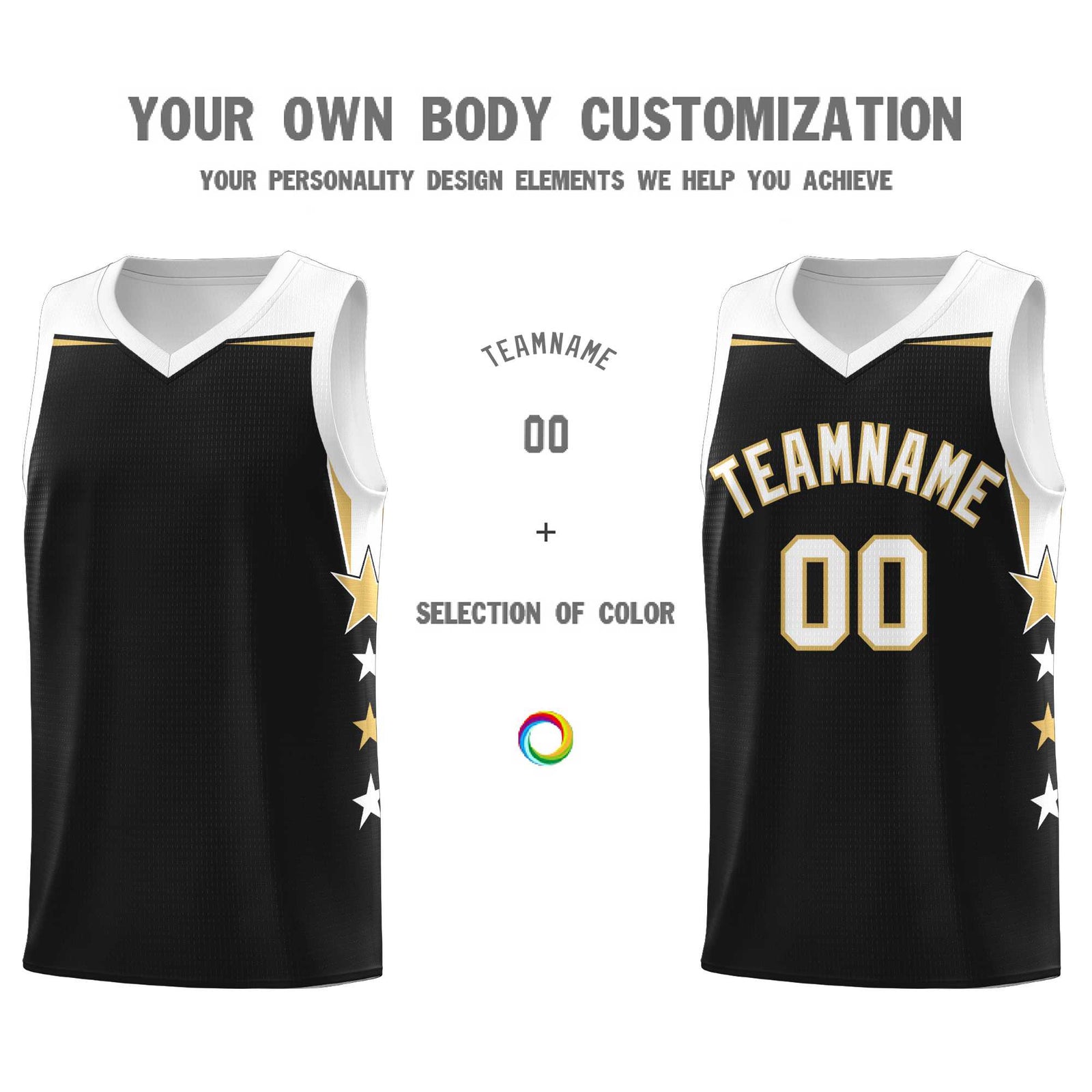 Custom Youth Basketball Uniform Black White Two Tone Side Star Personalized Team Jersey