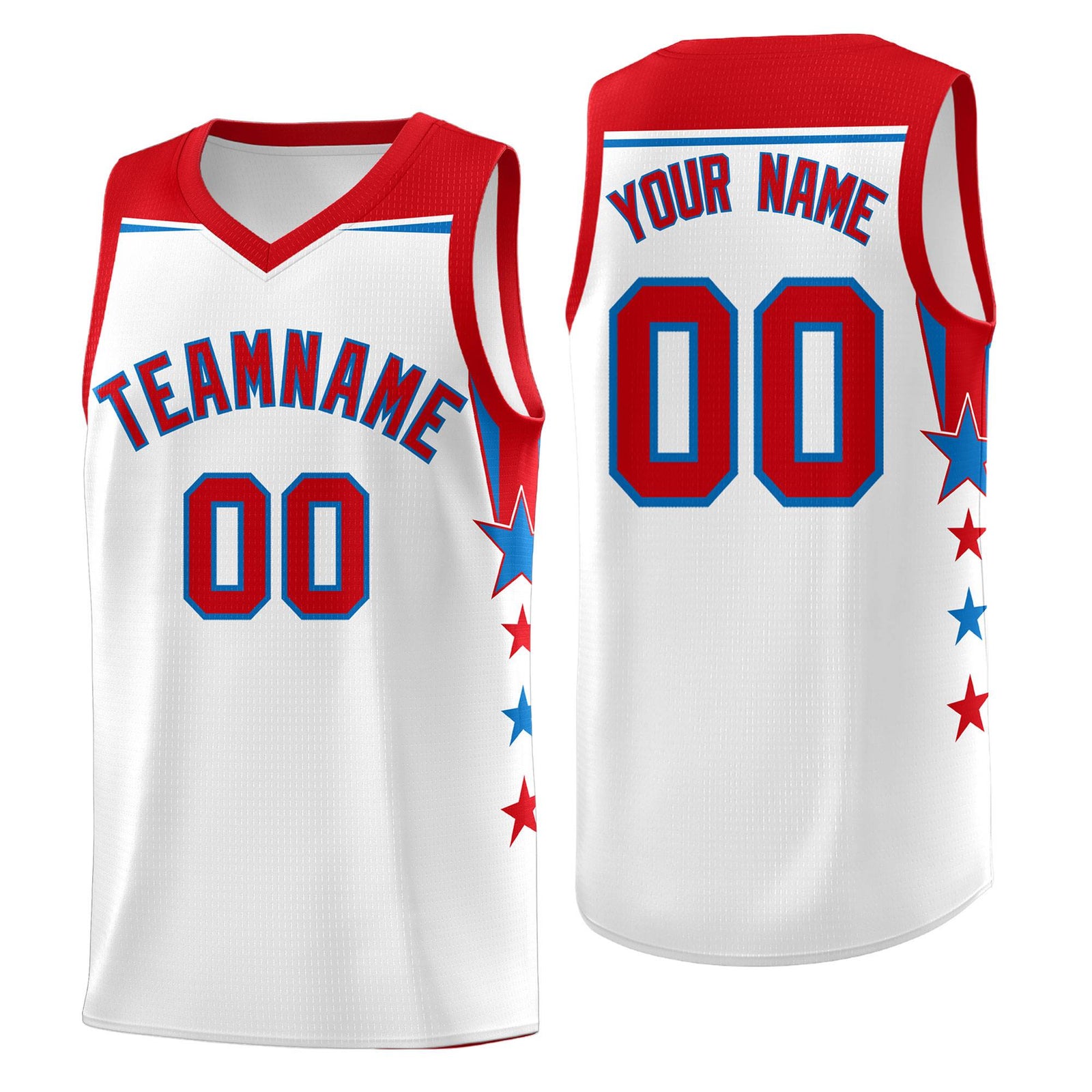 Custom Youth Basketball Uniform White Red Two Tone Side Star Add Name Number & Logo