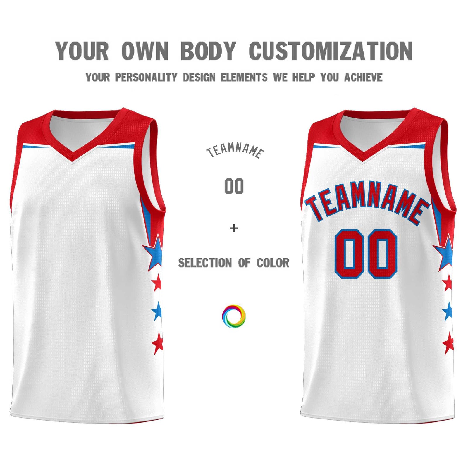 Custom Youth Basketball Uniform White Red Two Tone Side Star Add Name Number & Logo