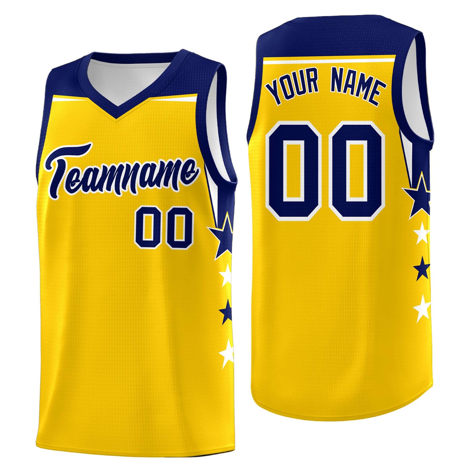 Custom Youth Basketball Uniform Gold Navy Two Tone Side Star Personalized Team Jersey