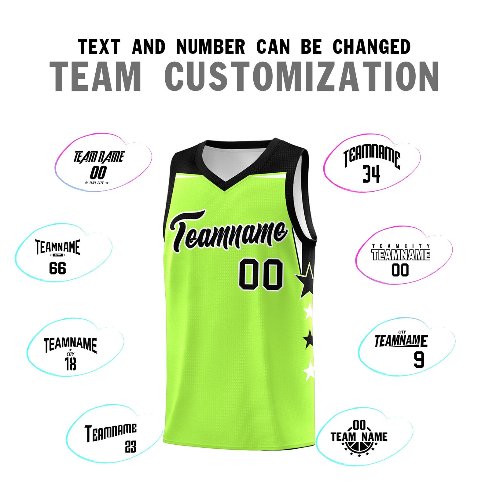 Custom Youth Basketball Uniform Fluorescent Green Black Two Tone Side Star Add Name Number & Logo