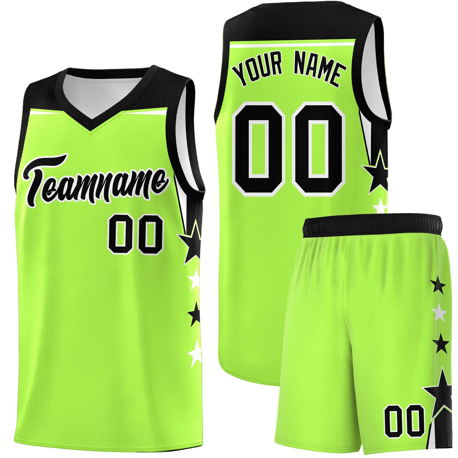 Custom Youth Basketball Uniform Fluorescent Green Black Two Tone Side Star Add Name Number & Logo