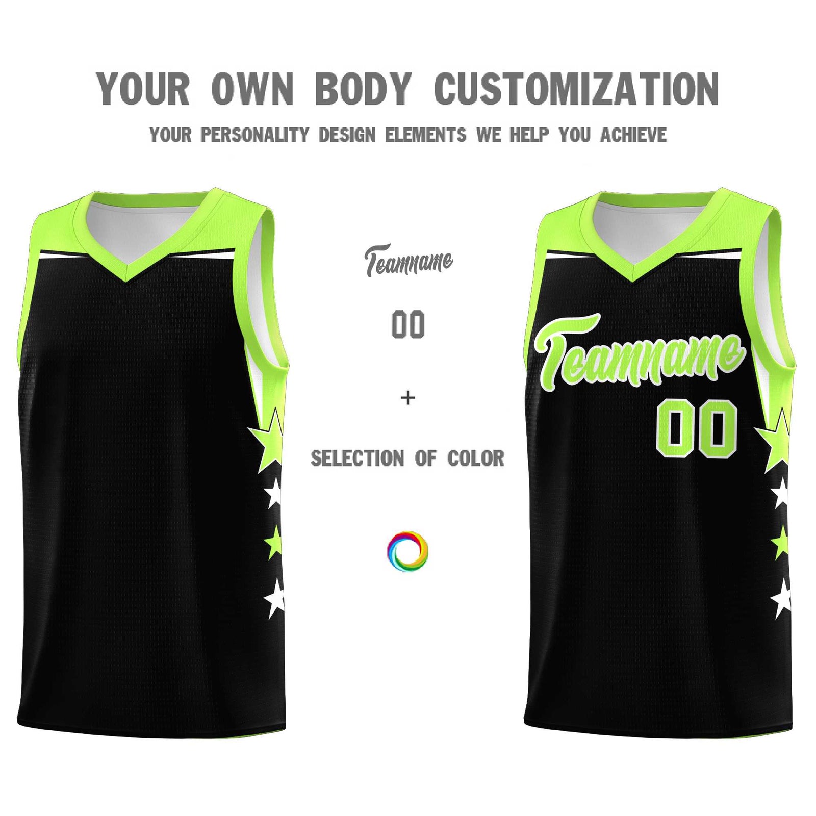 Custom Youth Basketball Uniform Black Fluorescent Green Two Tone Side Star Personalized Team Jersey