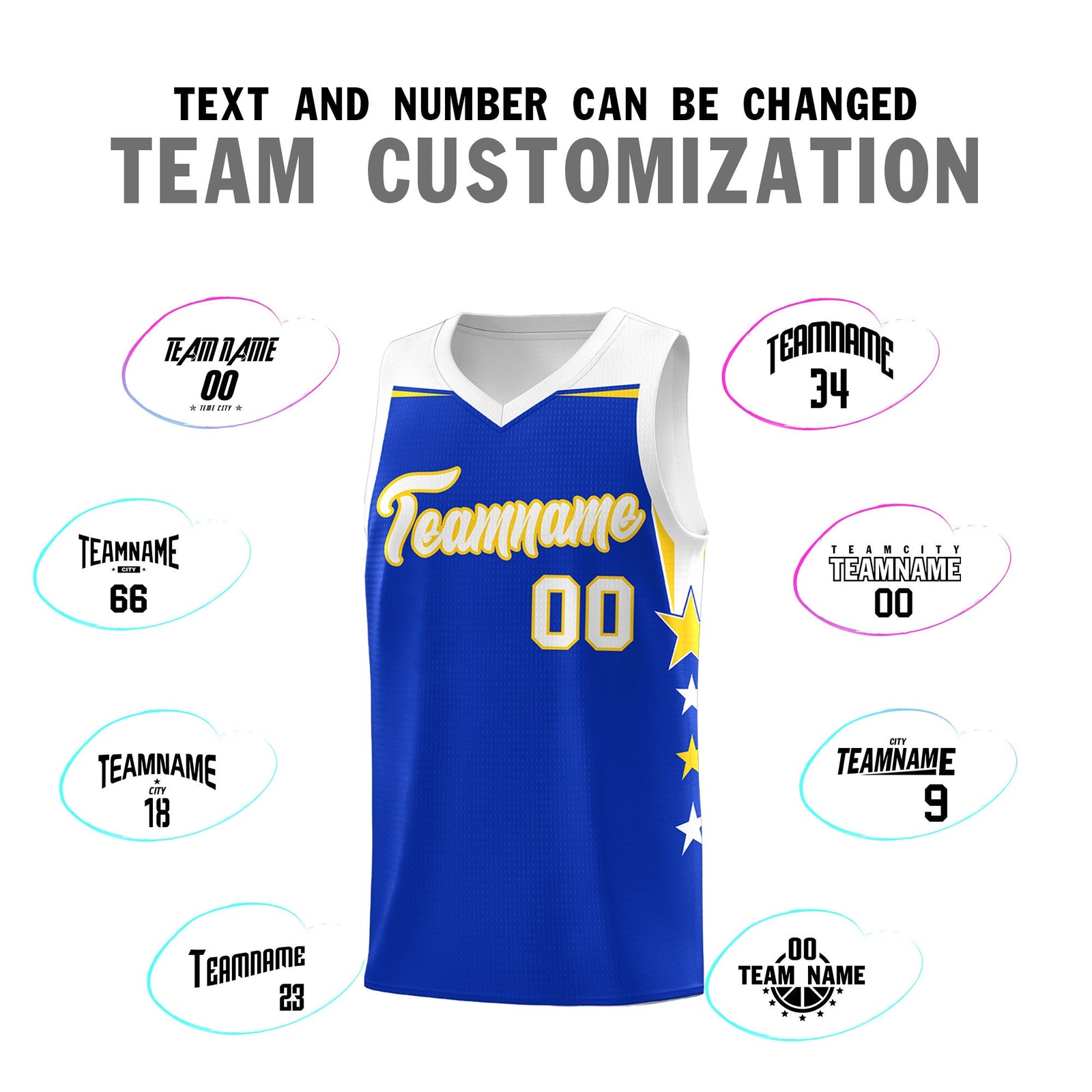 Custom Youth Basketball Uniform Royal White Two Tone Side Star Add Name Number & Logo