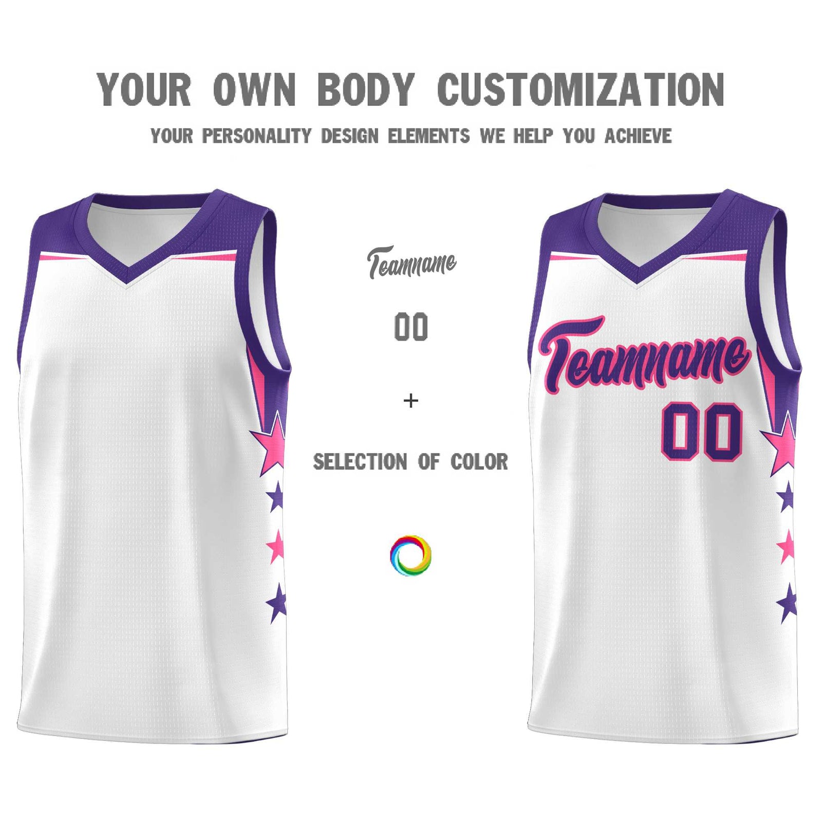 Custom Youth Basketball Uniform White Purple Two Tone Side Star Color Block Team Jersey