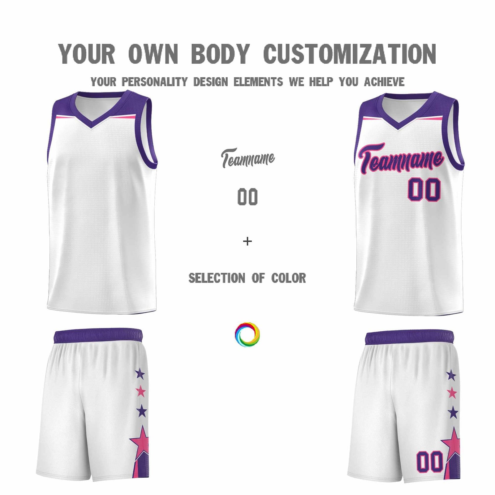 Custom Youth Basketball Uniform White Purple Two Tone Side Star Color Block Team Jersey