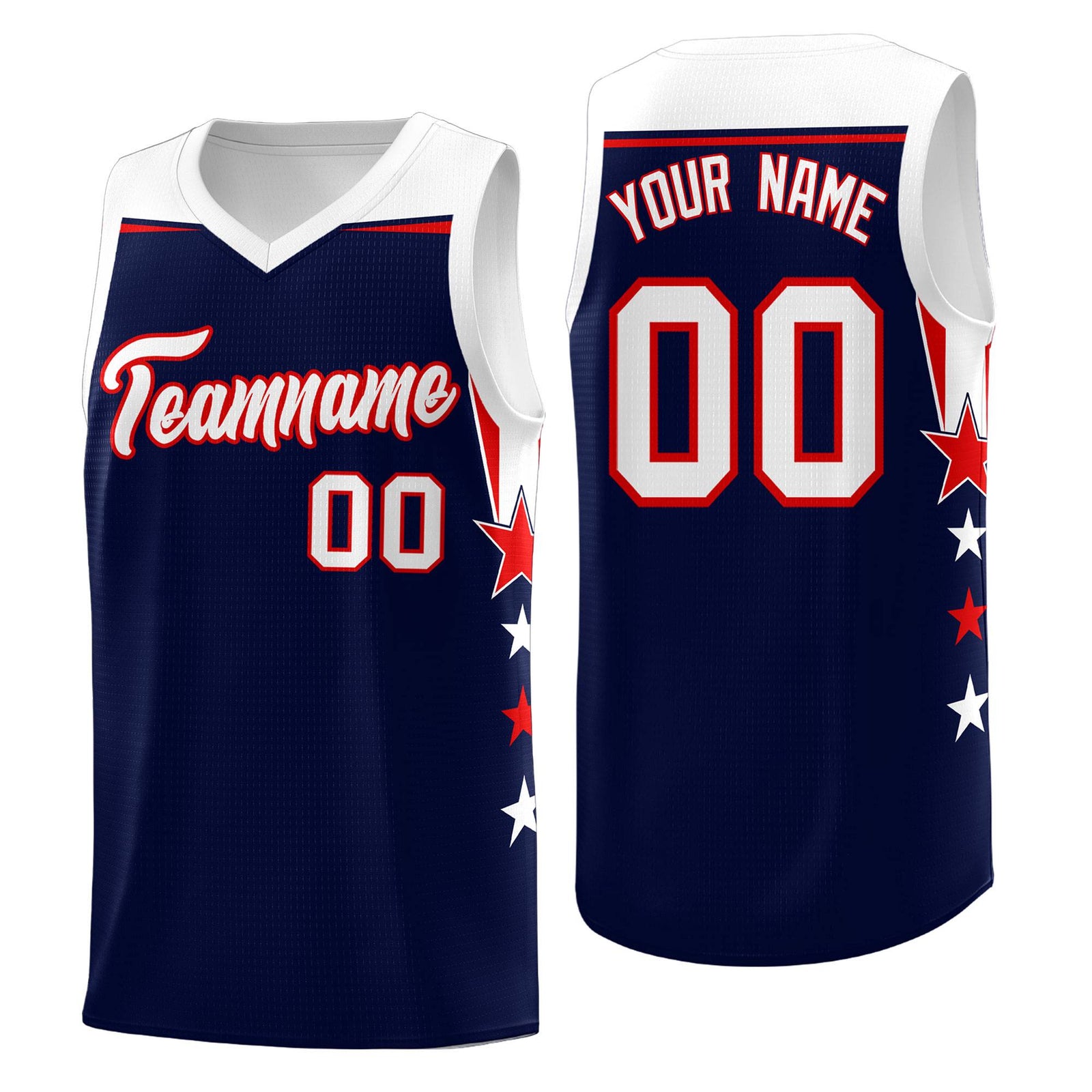 Custom Youth Basketball Uniform Navy White Two Tone Side Star Add Name Number & Logo