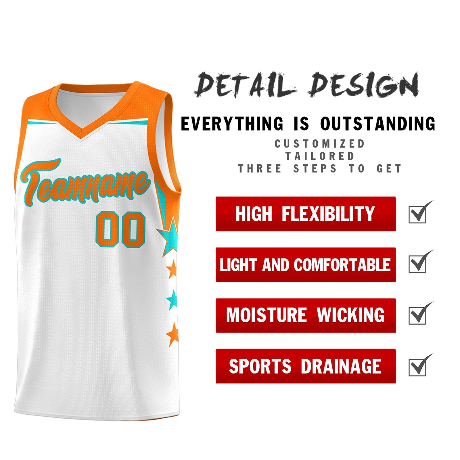 Custom Youth Basketball Uniform White Orange Two Tone Side Star Color Block Team Jersey