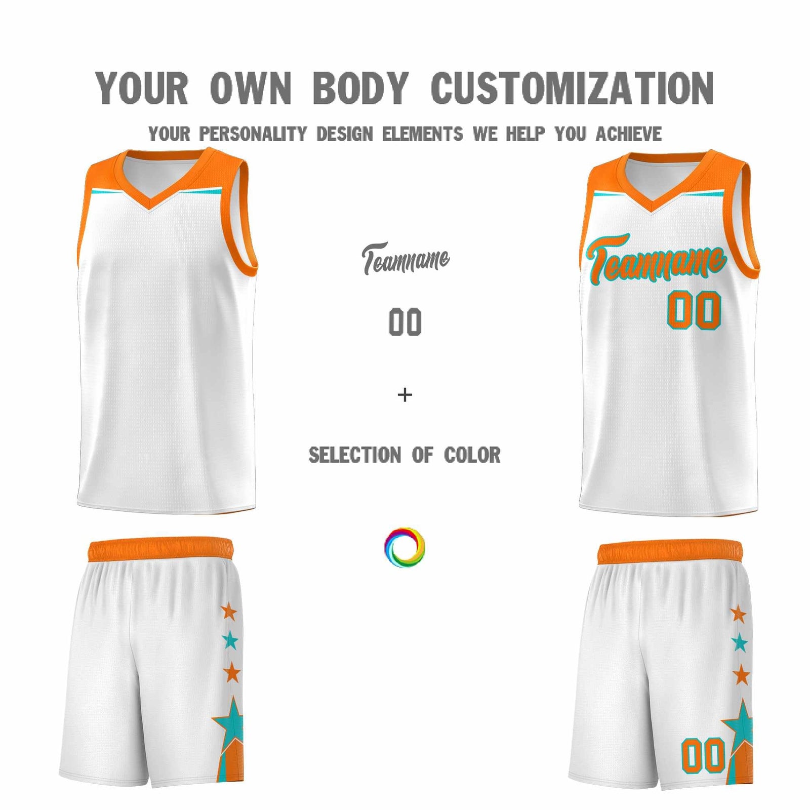 Custom Youth Basketball Uniform White Orange Two Tone Side Star Color Block Team Jersey