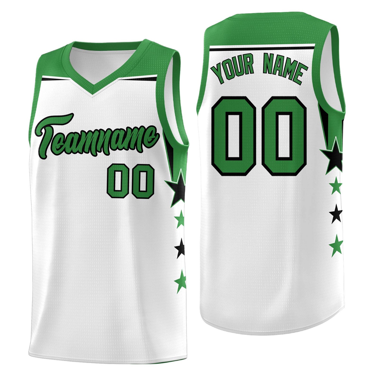Custom Youth Basketball Uniform White Kelly Green Two Tone Side Star Color Block Team Jersey